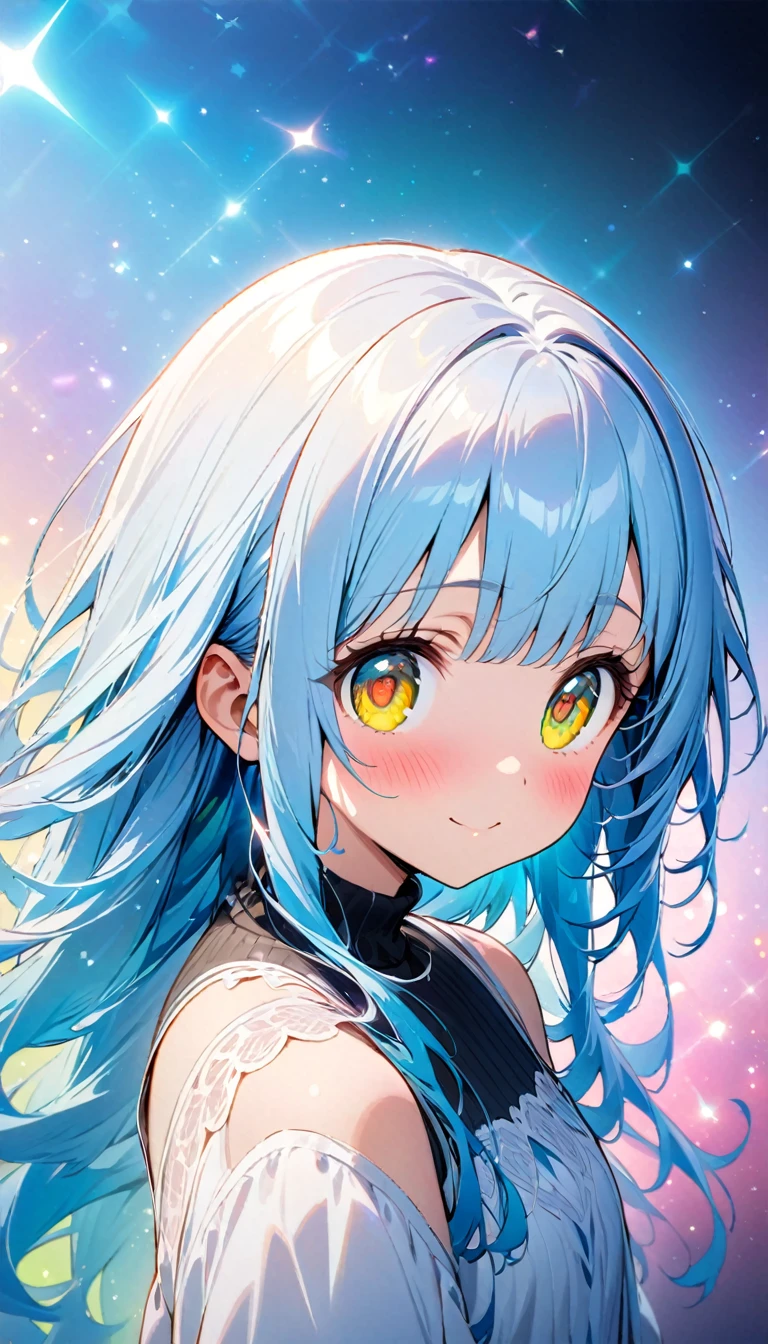 masterpiece, best quality, extremely detailed, (illustration, official art:1.1), 1 girl ,(((( light blue hair)))), ,(((( light blue long hair)))),light blue hair, ,((blush)) , cute face, big eyes, masterpiece, best quality,(((((a very delicate and beautiful girl))))),Amazing,beautiful detailed eyes,blunt bangs((((little delicate girl)))),(((tareme))),droopy eyes.(true beautiful:1.2), sense of depth,dynamic angle,,,, affectionate smile, (true beautiful:1.2),,(tiny 1girl model:1.2),)(flat chest),(masterpiece), (best quality), sharp focuse, (close up), illustration, (detailed hair, detailed face, detailed features structure), ((1 woman, solo)), perfect face, ((green eyes,yellow eyes, beautiful shapes of eyes)), Casual clothing、black turtleneck outfit, (Gradient background, Particle background: 1.3)highres,8k,official art, (((Gradient Eye)))