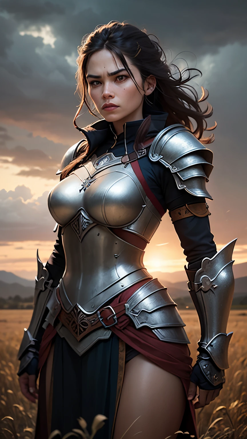 The female warrior's armor is a testament to her strength and determination. Each piece is intricately crafted, with symbols and designs that tell the story of her past battles. As she stands in the field, the stormy sky above seems to reflect her fierce spirit, ready to conquer any challenge that comes her way.