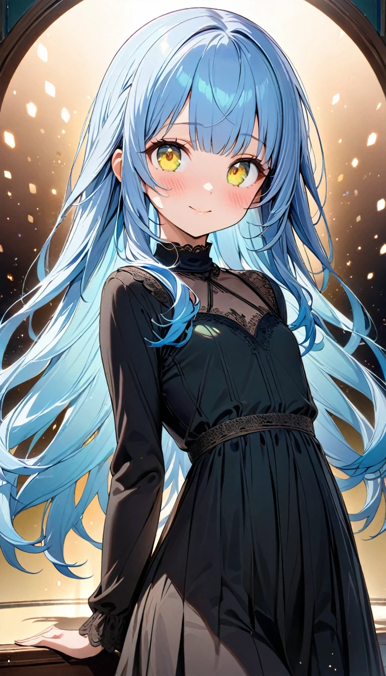 masterpiece, best quality, extremely detailed, (illustration, official art:1.1), 1 girl ,(((( light blue hair)))), ,(((( light blue long hair)))),light blue hair, ,((blush)) , cute face, big eyes, masterpiece, best quality,(((((a very delicate and beautiful girl))))),Amazing,beautiful detailed eyes,blunt bangs((((little delicate girl)))),(((tareme))),droopy eyes.(true beautiful:1.2), sense of depth,dynamic angle,,,, affectionate smile, (true beautiful:1.2),,(tiny 1girl model:1.2),)(flat chest),(masterpiece), (best quality), sharp focuse, (close up), illustration, (detailed hair, detailed face, detailed features structure), ((1 woman, solo)), perfect  face,  ((green eyes,yellow eyes, beautiful shapes of eyes)), Casual clothing、black turtleneck outfit, (Gradient  background, Particle background: 1.3)highres,8k,official art, (((Gradient Eye)))