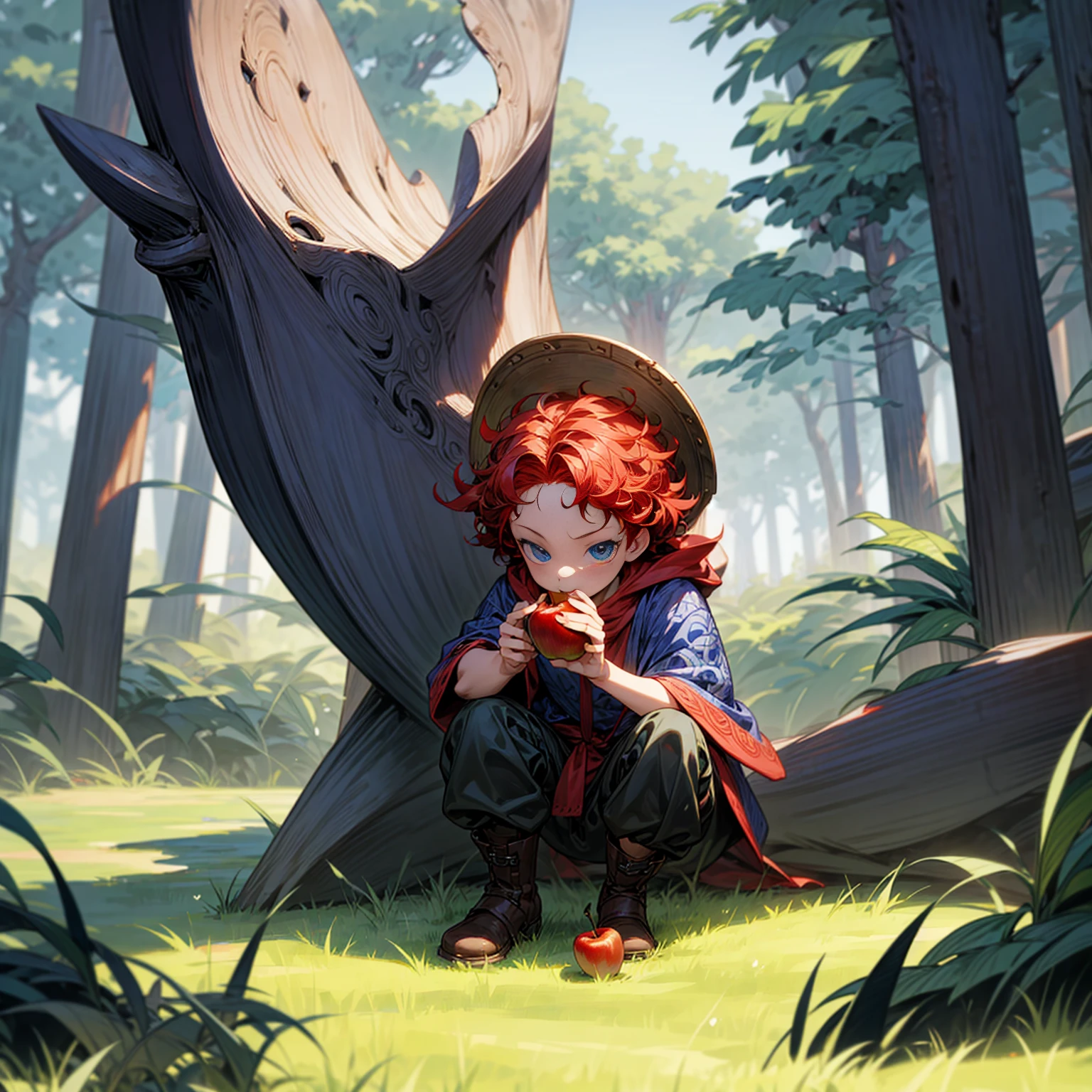 Grassroot, Full body version, solo, baby boy, blue eyes, red colour hair, short Curly hairstyle, Vikings style clothing, boots, Vikings helmets, full background in field forest, (one piece style art), eating Apple gesture, his eyes focused on the apple in his hand