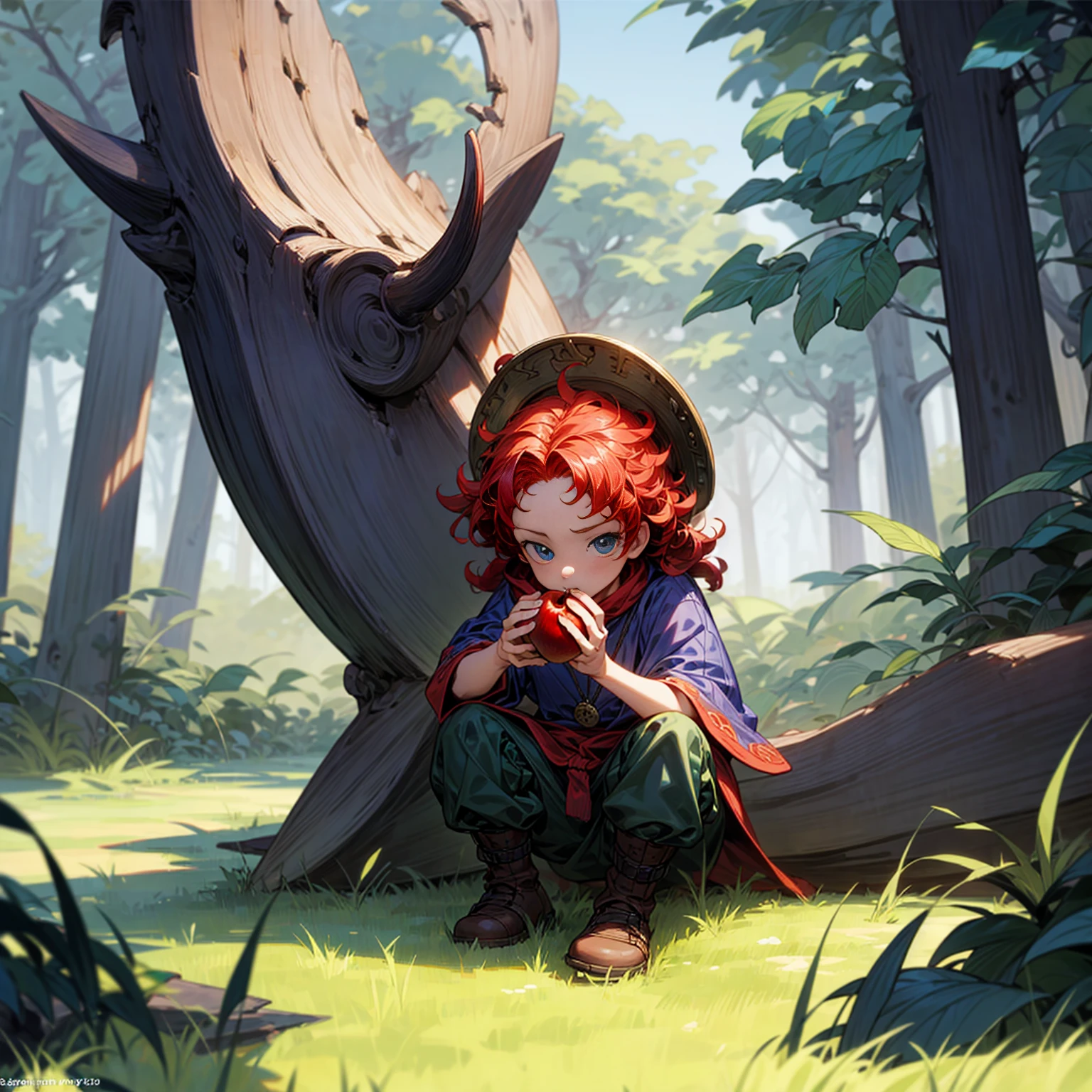 Grassroot, Full body version, solo, baby kid boy, blue eyes, red colour hair, short Curly hairstyle, Vikings style clothing, boots, Vikings helmets, full background in field forest, (one piece style art), eating Apple gesture, his eyes focused on the apple in his hand 