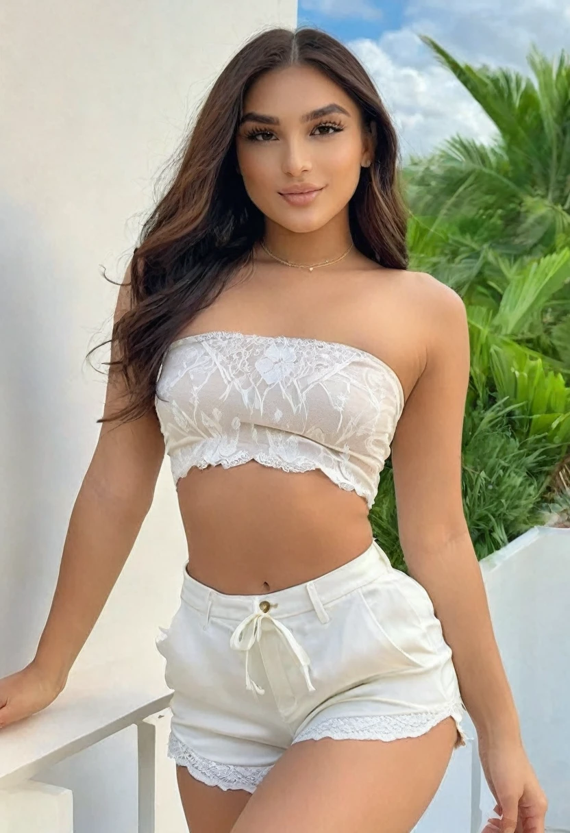 (((high quality:1.2))), Work of art, (8k), extremely detailed, ((High detail:1.2)) ((best resolution)), (HotLexi woman), Solo, 24 years old brazilian female, (strapless crop top, mini-shorts),