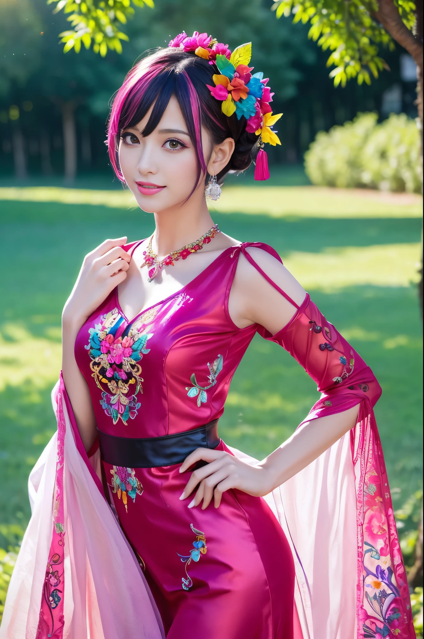 (masterpiece:1.4), (best quality:1.4), ultra high res, ultra high resolution, ((detailed facial features)), HDR, (realistic, photorealistic, photo-realistic:1.37), full body Esbian, sexy swedish model, (-anime), only 1 model, vivid colors, ((vivid colors multicolor (fuchsia, pink, light purple) very short hair)), (beautiful smile), lip-gloss, long lashes, defined eyebrows, wearing large sparkling colorful jewelery, wearing a red silk Paradise Kiss cosplay dress with black floral embroidery, ((vivid colors outfit)), vivid colors, look at the camera, cinematic light, large park background with trees, sweet and sexy pose