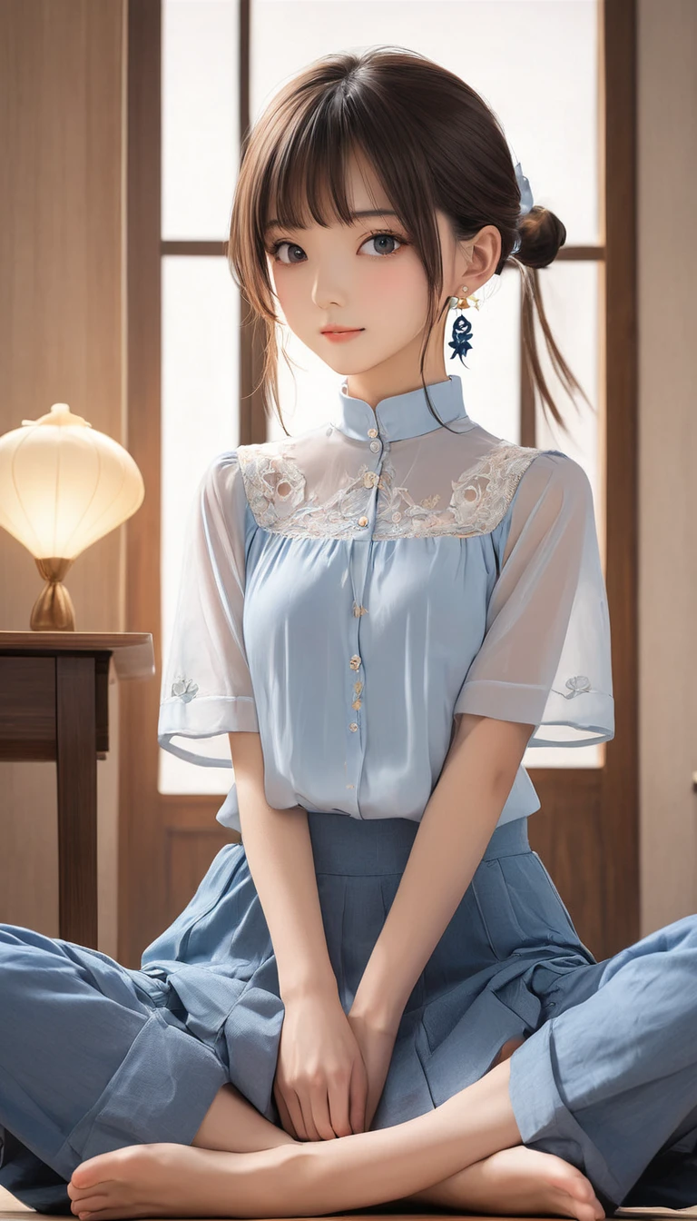 (masterpiece, Highest quality:1.2), One girl, alone,bony body、15 years old、Earringatured female) , (lotus position) , blouse , bangs