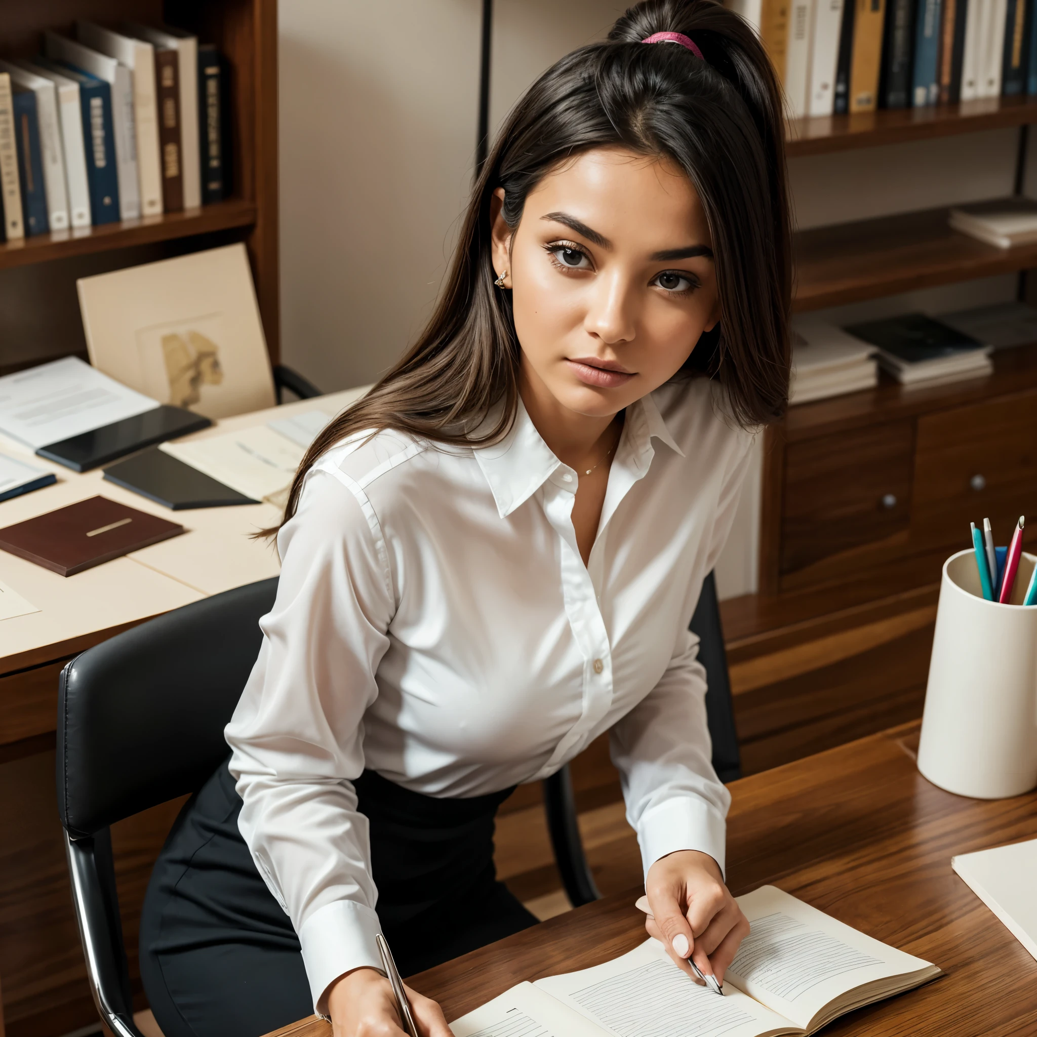 A woman sitting in her office, concentrated on her notebook. The scene is observed from a slightly distant perspective, allowing an overview of the environment. She is positioned at a work table, with different objects organized around, like papers, pens and a lamp. His expression is serious and focused, while your hands type quickly on the keyboard. The office has light walls, with some paintings and shelves in the background, creating a professional and minimalist atmosphere. The woman is dressed in formal clothes, like a blouse and dress pants, reinforcing your image as a dedicated professional. The chosen perspective allows you to observe the scene from a certain distance., highlighting the character's concentration and dedication to her tasks.