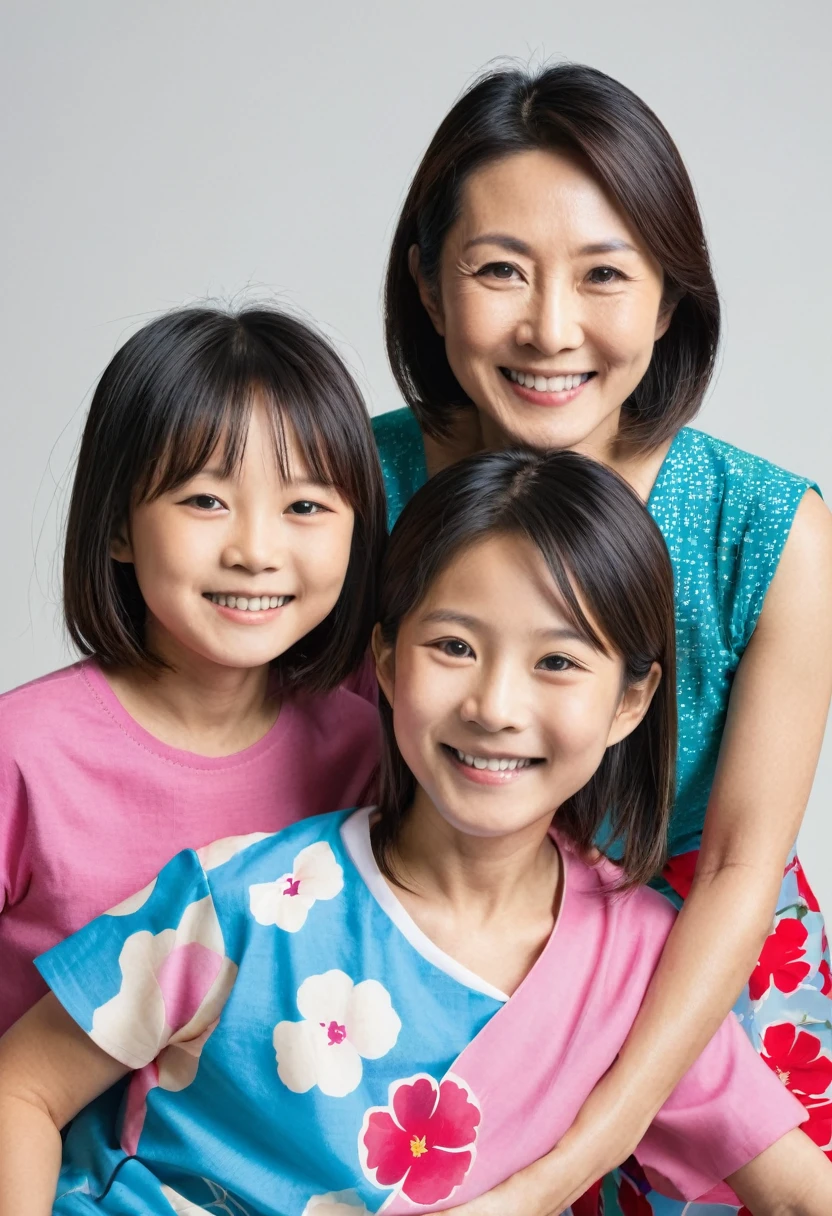 40 year old Japanese mom, 10 year old Japanese girl and 6 year old boy smiling at the camera.