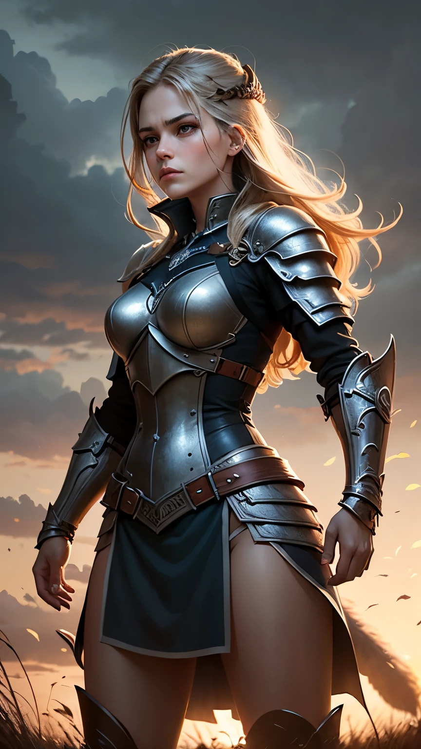 The female warrior's armor is a testament to her strength and determination. Each piece is intricately crafted, with symbols and designs that tell the story of her past battles. As she stands in the field, the stormy sky above seems to reflect her fierce spirit, ready to conquer any challenge that comes her way.