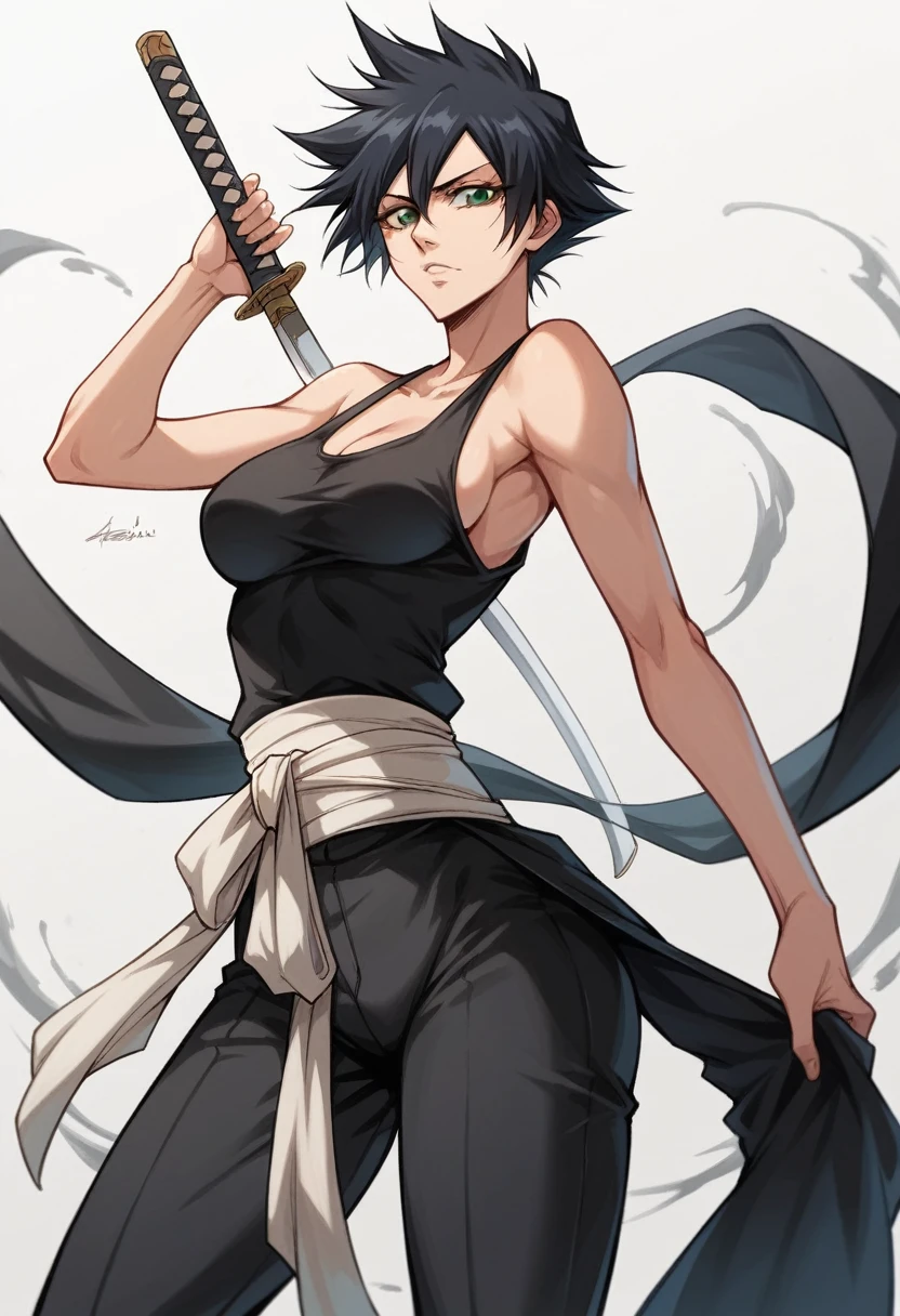 1 girl, short black hair , green eyes, beautiful, light skin color , wide shoulders, thin waist, medium breasts, defined thighs, thin, defined lean , showing abs ,wide hips, medium ass, bleach style, shinigami, shinigami outfit, tank top kimono, black legs, bleach, front of viewer, look at viewer
