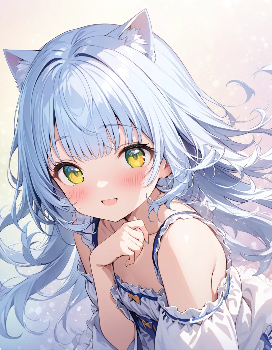 masterpiece, best quality, extremely detailed, (illustration, official art:1.1), 1 girl ,(((( light blue hair)))), ,(((( light blue long hair)))),light blue hair, ,((blush)) , cute face, big eyes, masterpiece, best quality,(((((a very delicate and beautiful girl))))),Amazing,beautiful detailed eyes,blunt bangs((((little delicate girl)))),(((tareme))),droopy eyes.(true beautiful:1.2), sense of depth,dynamic angle,,,, affectionate smile, (true beautiful:1.2),,(tiny 1girl model:1.2),)(flat chest),(masterpiece), (best quality), sharp focuse, (close up), illustration, (detailed hair, detailed face, detailed features structure), ((1 woman, solo)), perfect  face,  ((green eyes,yellow eyes, beautiful shapes of eyes)), Casual clothing、black turtleneck outfit, (Gradient  background, Particle background: 1.3)highres,8k,official art, (((Gradient Eye)))