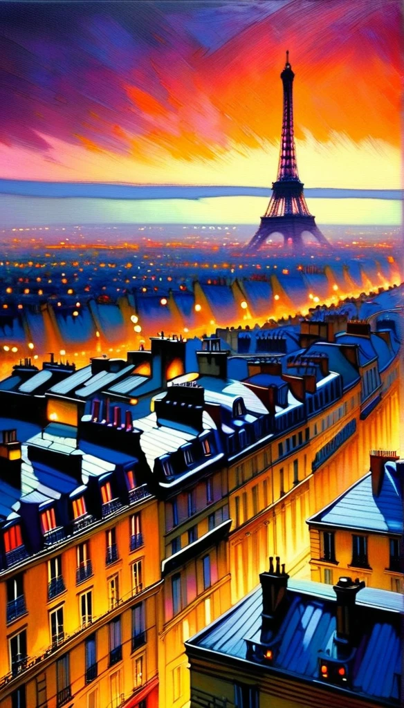 view of the roofs of Paris, 30s, dusk, play of lights(art inspired by Bill Sienkiewicz). oil painting)