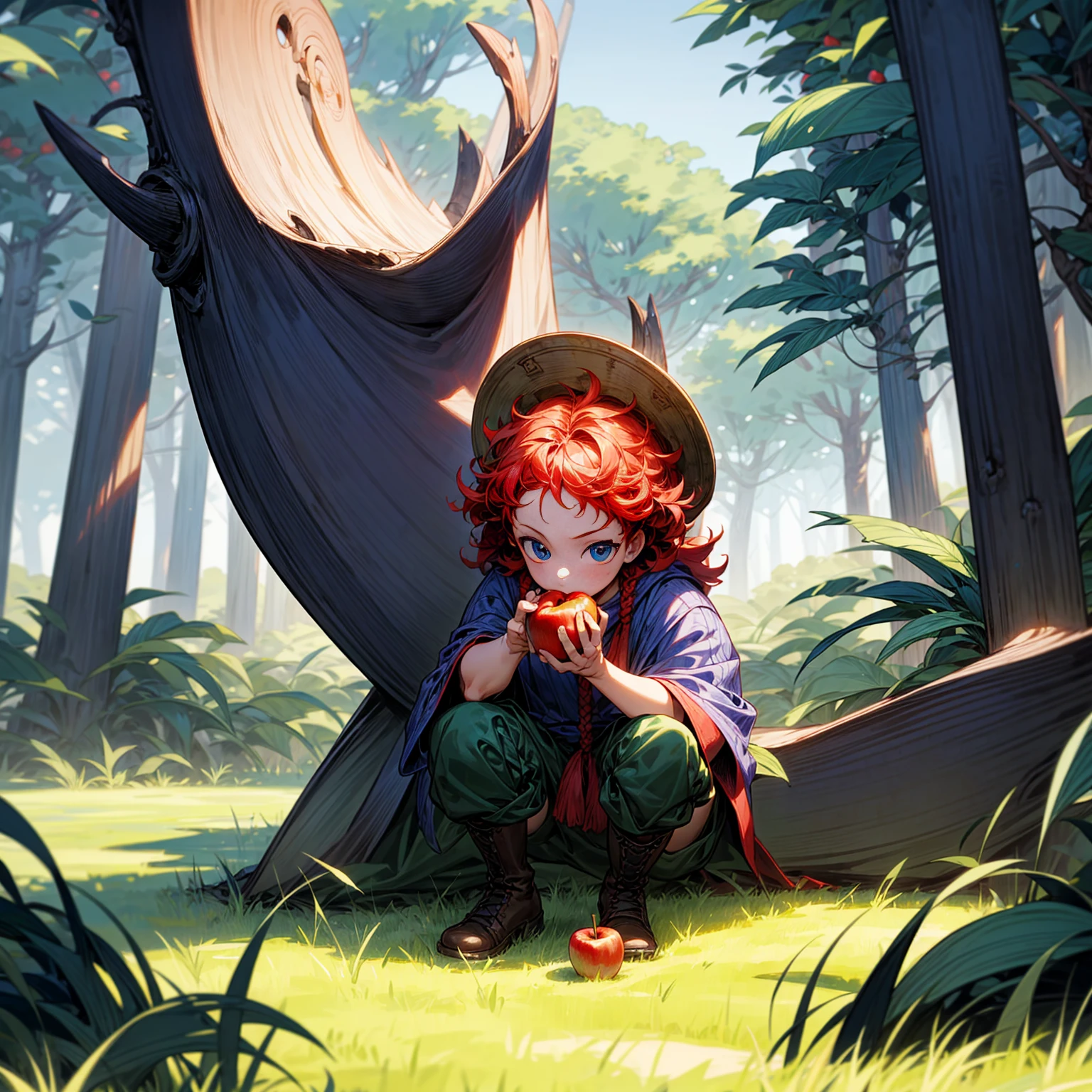 Grassroot, Full body version, solo, baby kid boy, blue eyes, red colour hair, short Curly hairstyle, Vikings style clothing, boots, Vikings helmets, full background in field forest, (one piece style art), eating Apple gesture, his eyes focused on the apple in his hand