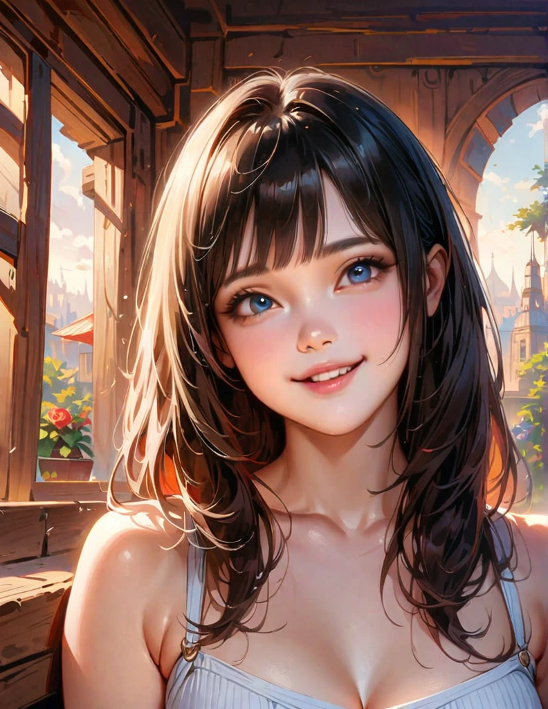 Skinny cute pretty girl, ((Beautiful Russian girl)), she's happy, sweet face, expressive kind eyes, blue eyes, mini straight nose, (She squints his eyes because of the joy), kind lovely look, amazing beauty, cute smile, beautiful refined features face, cute cheeks, simple, (black hair), (bangs), ((cheerful girl)), (((without makeup))), realistic, hyperrealism, hyper-detailing, fantasy art, graceful pose, skillful composition,
CHARACTER DESCRIPTION: VERY LOVELY WOMAN, NATURAL FACE, natural hair, STRAIGHT hair, EXTREMELY BEAUTIFUL, perfect body, thick thighs, big hips, sexy beautiful legs, simple clothing, radiates happiness, intelligent loving gaze, sincere kindness and love, kind eyes, very beautiful DELICATE FACIAL FEATURES, high detail, hd