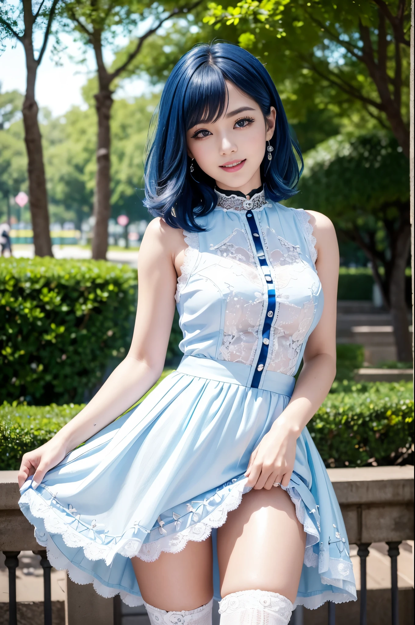sexy stylish Swedish model, only 1 female, ((doll-like appearance)), very short stylish hair, ((shiny Aquors Love-Style boots)), (big smile), ultra detailed eyes,beautiful vivid eye makeup, lip-gloss, long lashes, defined eyebrows, ((sexy blue lines Aquors Love cosplay)), white bell-shaped skirt, petticoats, ((ultra detailed lace)), ((ultra detailed embroidery)), intricate details, Aquors Love accessoires, Aquors Love choker, cinematic light, detailed large park background with trees