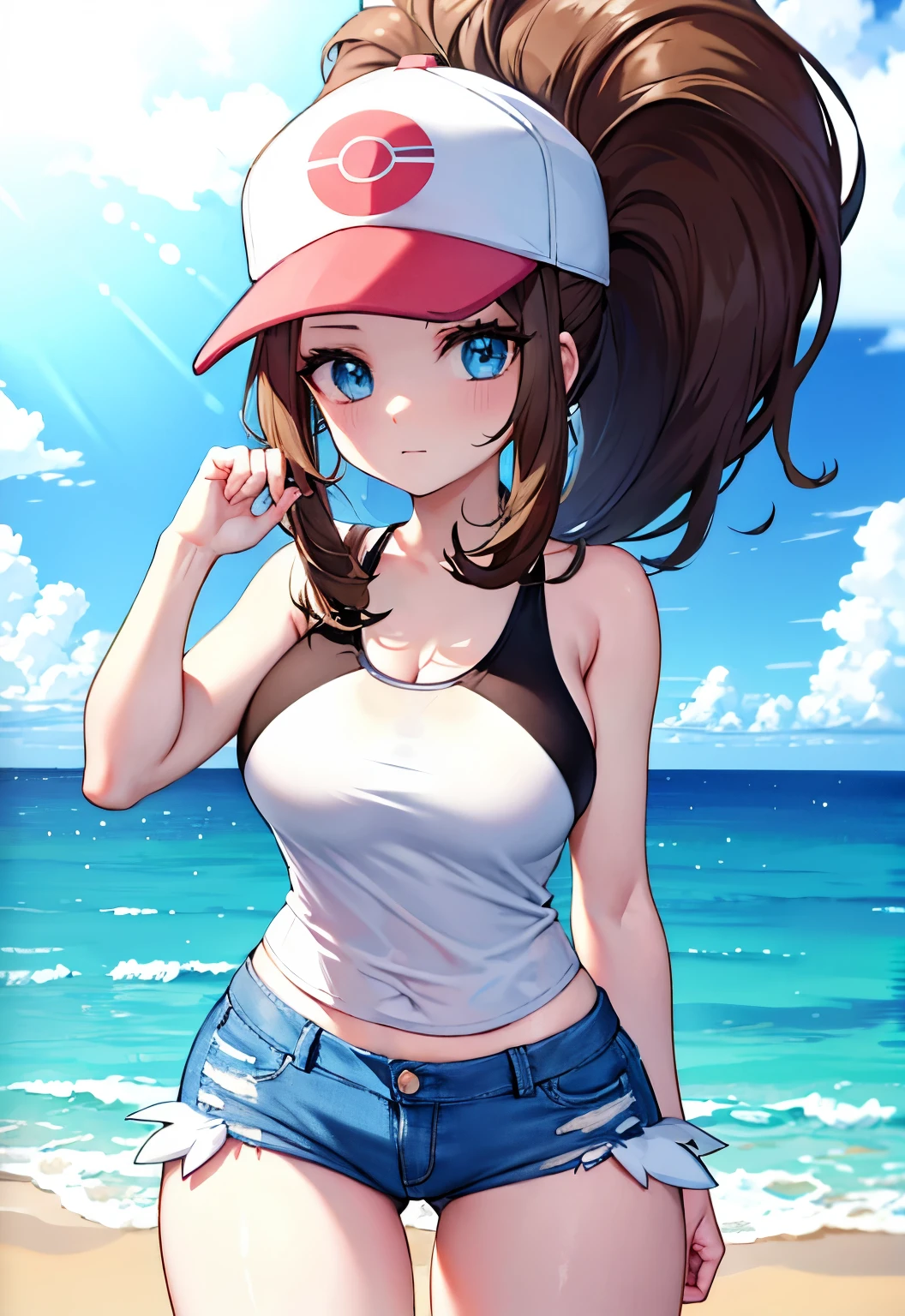 Brown hair，Long hair，High Ponytail，Peaked Cap，White race swimsuit，Denim shorts，Blue Eyes，Douzi（Pokemon），Beach Background，Large Breasts