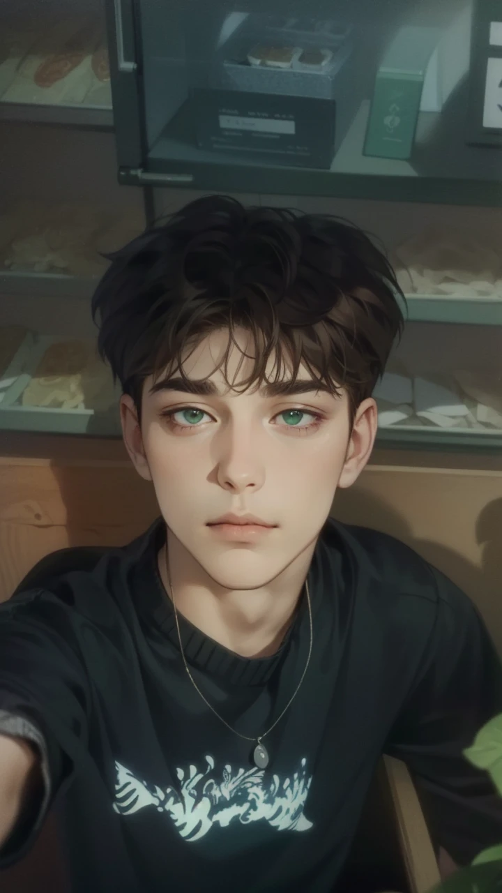 masterpiece, best quality, realistic, 1man, mature male, quiet and charming young man, 35 years old, close his eyes, ((soft smile)), closed mouth, extremely detailed face, a little distant, ((dark green eyes)), ((short-side-swept sandy Brown hair)), [thick eyebrows], (caramel cardigan and brown trousers), (waiting in front of the store)