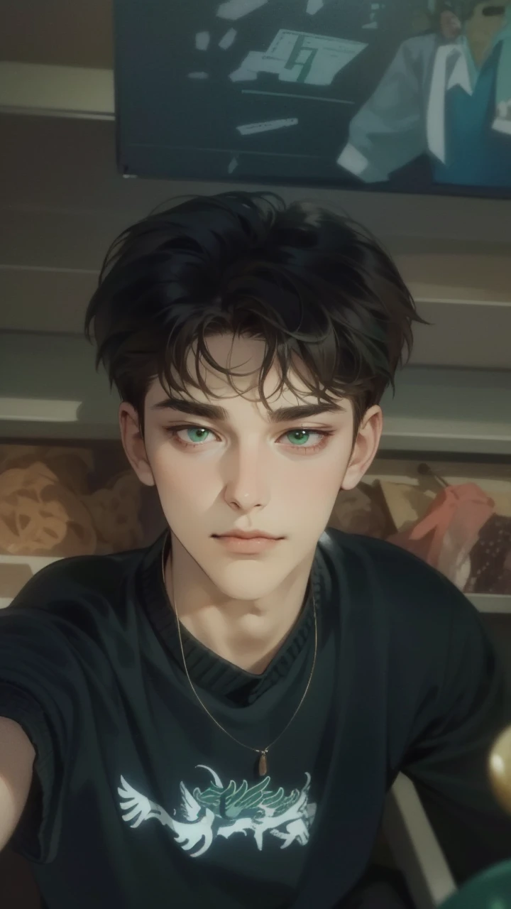 masterpiece, best quality, realistic, 1man, mature male, quiet and charming young man, 35 years old, close his eyes, ((soft smile)), closed mouth, extremely detailed face, a little distant, ((dark green eyes)), ((short-side-swept sandy Brown hair)), [thick eyebrows], (caramel cardigan and brown trousers), (waiting in front of the store)
