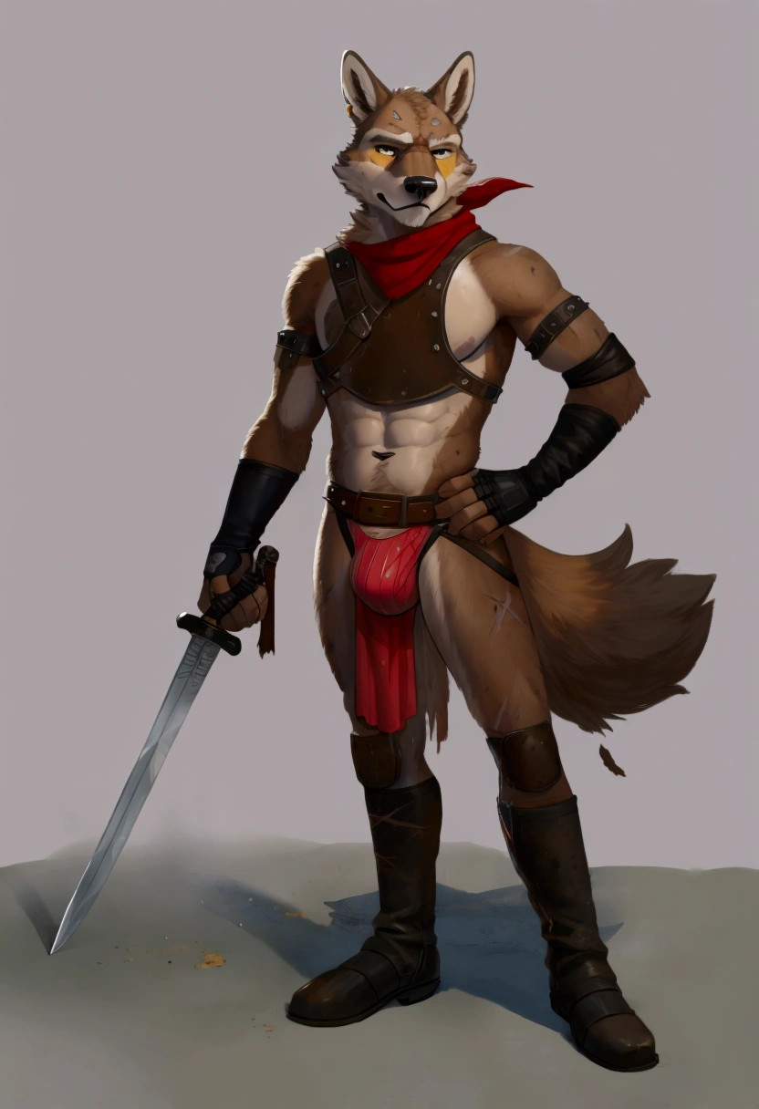 Solo Sexy young anthro furry wolf male mercenary medieval solider, slim slim muscular, anthro handsome gay shorter muzzle, handsome gay model male apperance, sword scars, worn out leather skimpy armament, low on hips heavy leather belt, old very worn out skimpy dirty linen material jockstrap, old yellow dirty worn out stains on white sawn jockstrap, very visible "x" brown seam pattern on the jockstrap, studded skimpy armlets breastplate armor, skimpy breastplate, leather bondages, fingerless leather gloves, smelly unwashed black furr, dirty body look, desert battlefield, standing in sexy fighting position, close view of full character