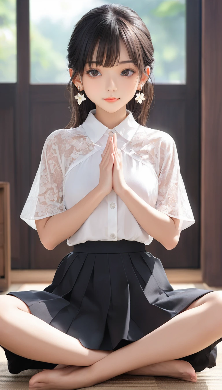 (masterpiece, Highest quality:1.2), One girl, alone,bony body、15 years old、Earringatured female) , (lotus position) , blouse , bangs