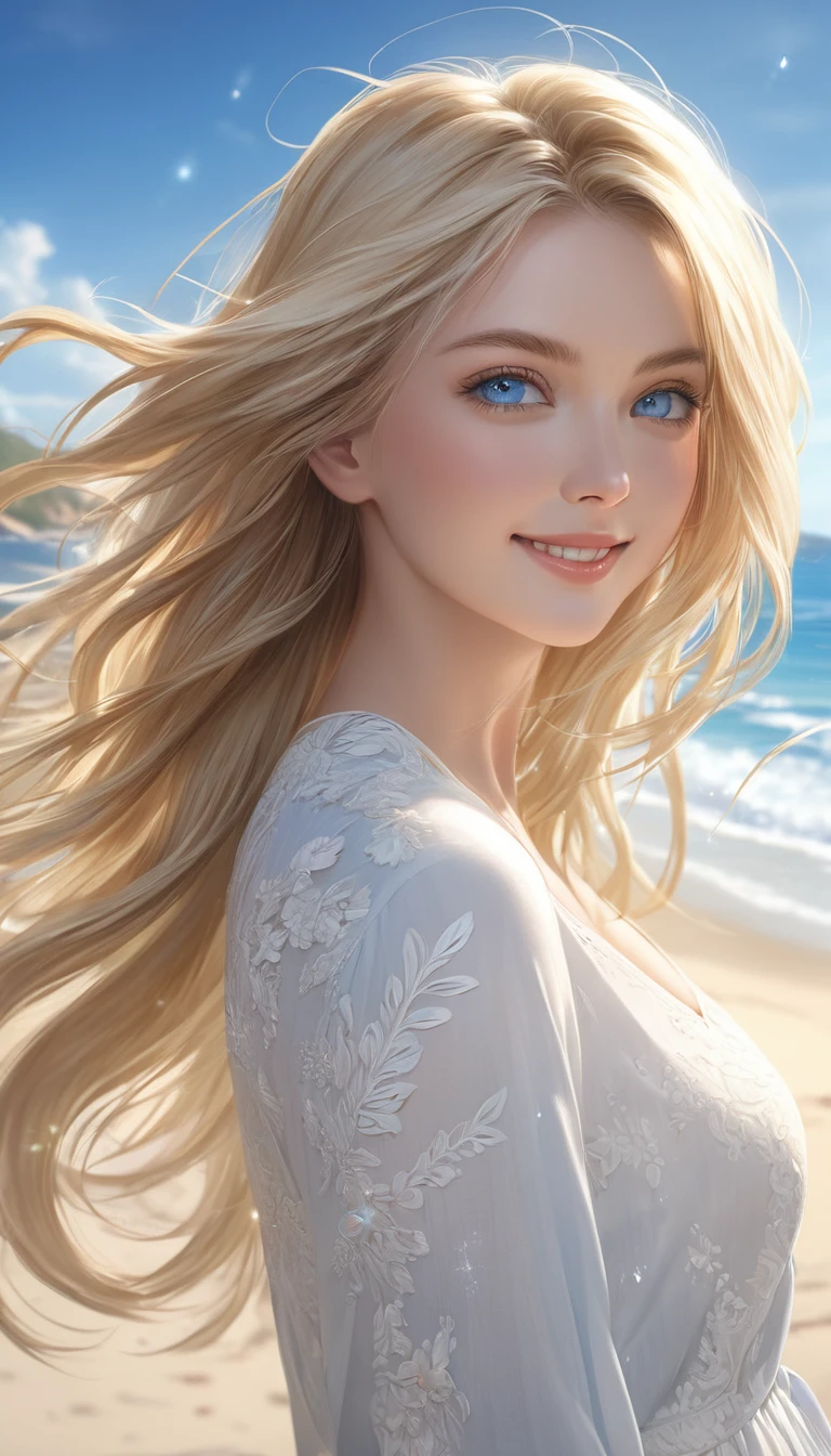 Beautiful woman, Blond hair blowing in the wind, Sparkling blue eyes, Realistic, masterpiece, Detailed, 4K, Beach Background, Detailed light, A small smile, White skin