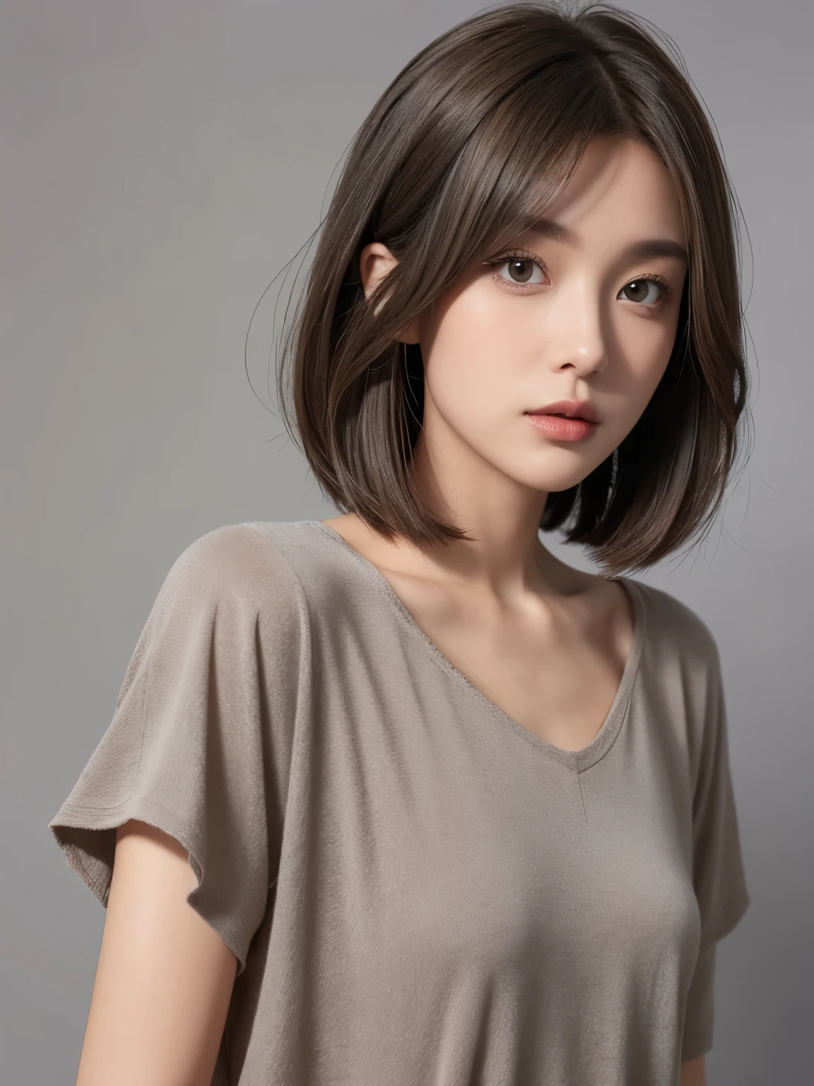 One girl,Gray background,Hair color is ash brown,Bob Hair,Balayage in hair,