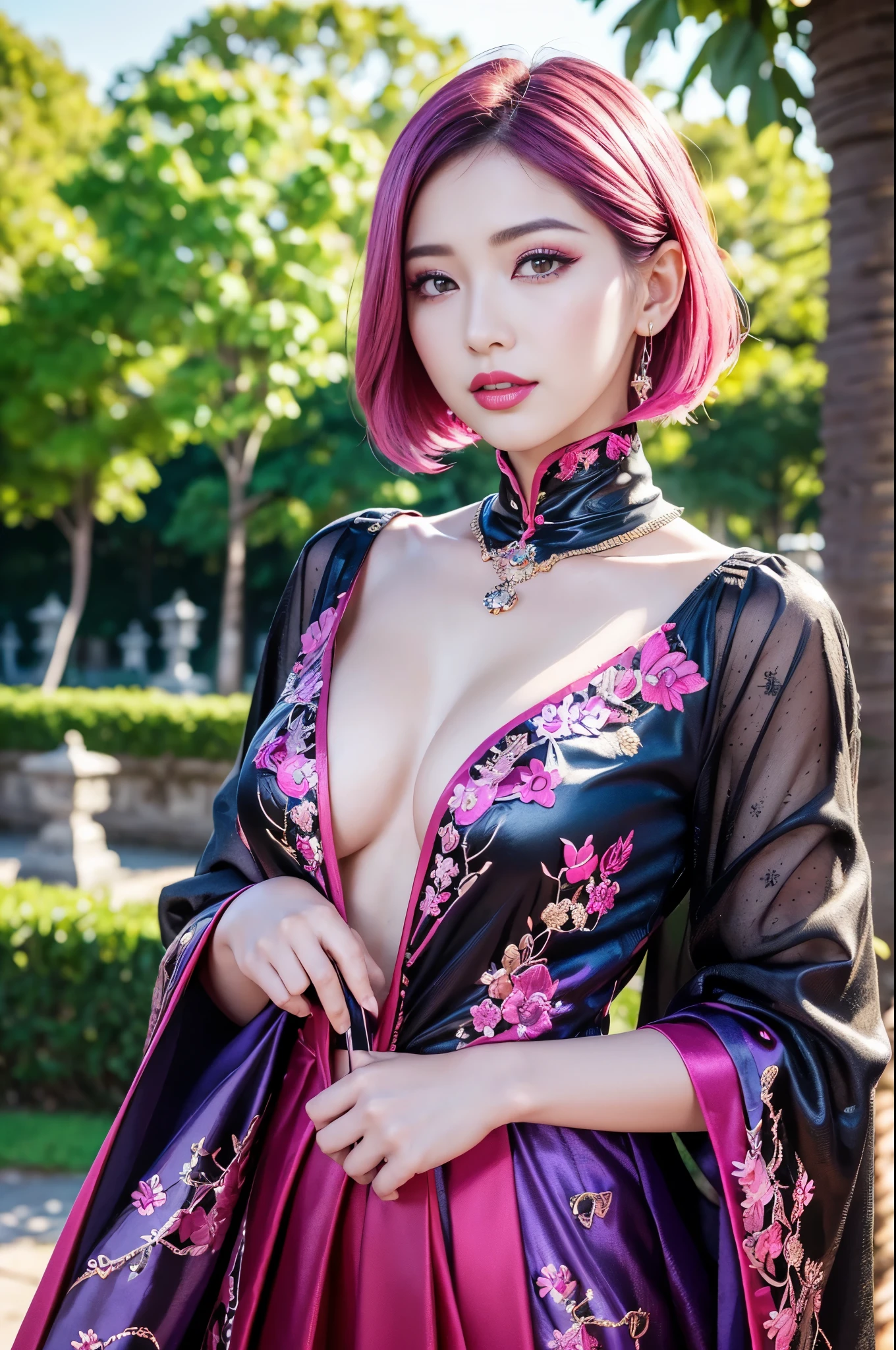 (masterpiece:1.4), (best quality:1.4), ultra high res, ultra high resolution, ((detailed facial features)), HDR, (realistic, photorealistic, photo-realistic:1.37), full body Esbian,  Indonesian model, (-anime), only 1 model, vivid colors, ((vivid colors multicolor (fuchsia, pink, light blue, purple) very short hair)), (big smile), lip-gloss, long lashes, ultra detailed metallic makeup, defined eyebrows, wearing a red silk Paradise Kiss cosplay dress with black floral embroidery, ((vivid colors outfit)), vivid colors, look at the camera, cinematic light, large park background with trees, sweet and  pose