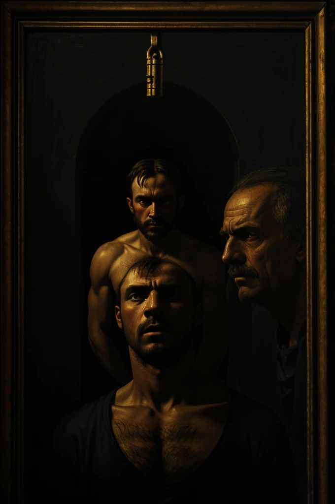 Masterpiece realistic painting of man locked in a dark cell with demon behind on very realistic high contrast dark background Renaissance painting style 