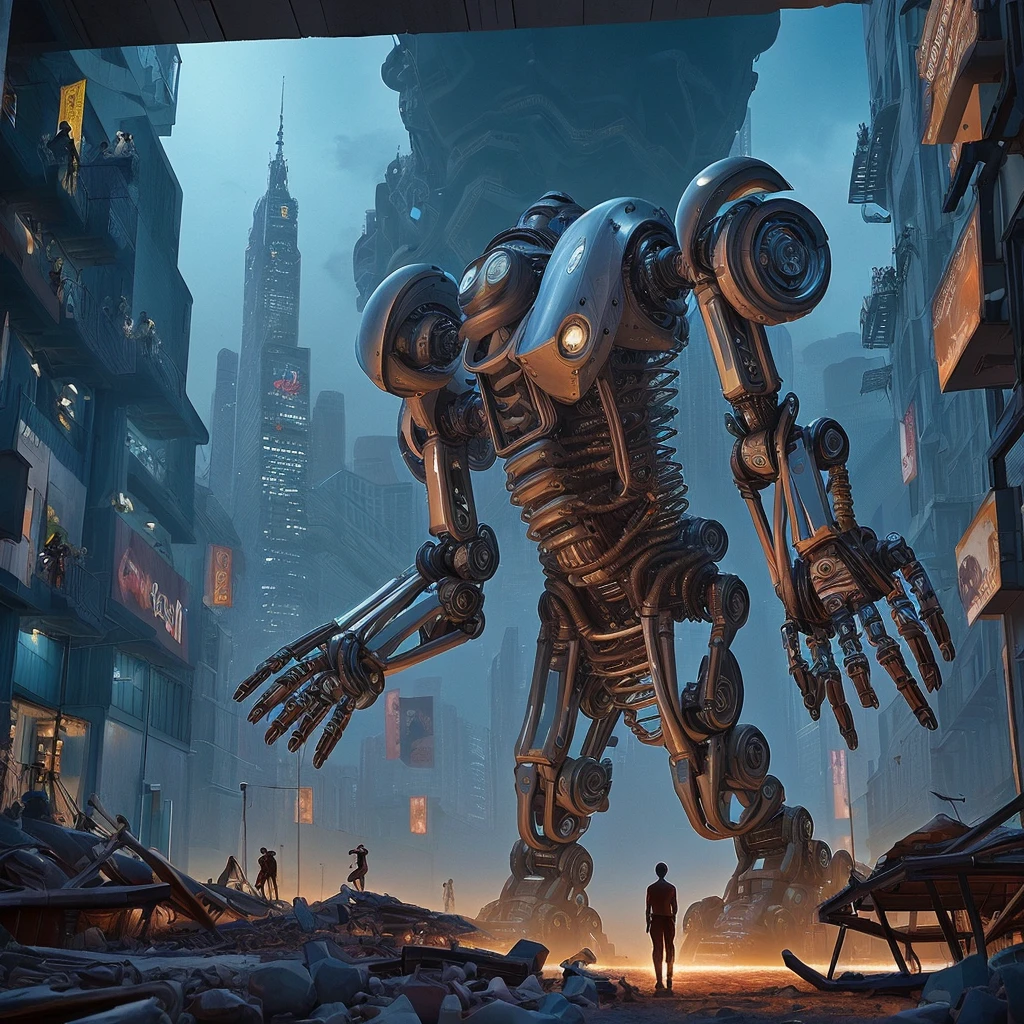 2560×840 size、The world of image generation AI、A grand sense of the future、Professionalグラミング、universe、Future City、robot、2500 years later、Breathtaking illustrations、It stirs fear and imagination in the viewer.,masterpiece,Exquisitely crafted,Awe-inspiring,"Mechanized Monster",. Award-winning,Professional,Very detailed, Hyperrealism art movie film stills with detailed hyperrealism photography style