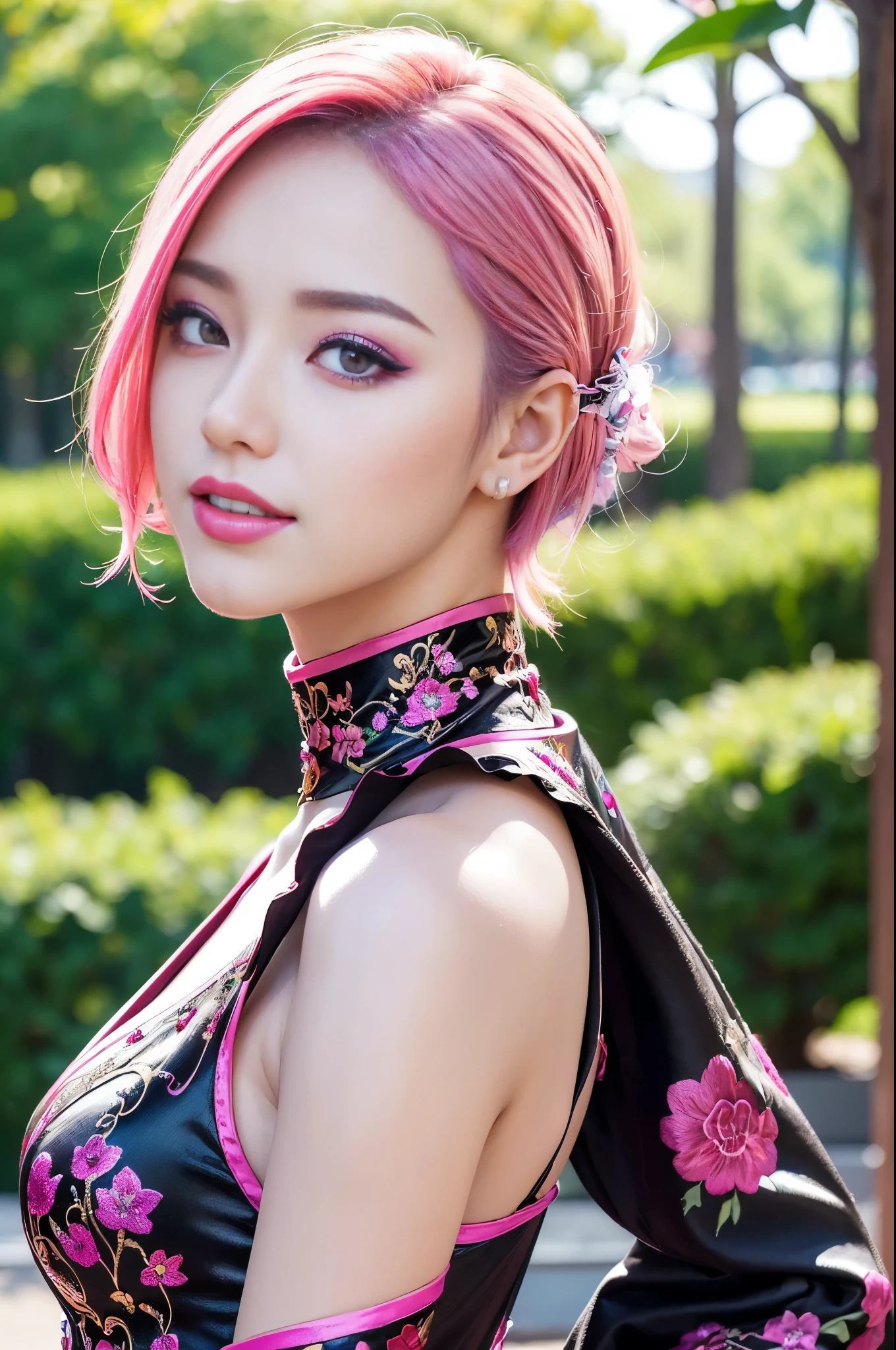 (masterpiece:1.4), (best quality:1.4), ultra high res, ultra high resolution, ((detailed facial features)), HDR, (realistic, photorealistic, photo-realistic:1.37), full body Esbian, sexy Japanese model, (-anime), only 1 model, vivid colors, ((vivid colors multicolor (fuchsia, pink, light blue, purple) very short hair)), (happy smile), lip-gloss, long lashes, ultra detailed metallic makeup, defined eyebrows, wearing a red silk Paradise Kiss cosplay dress with black floral embroidery, ((vivid colors outfit)), vivid colors, look at the camera, cinematic light, large park background with trees, sweet and sexy pose