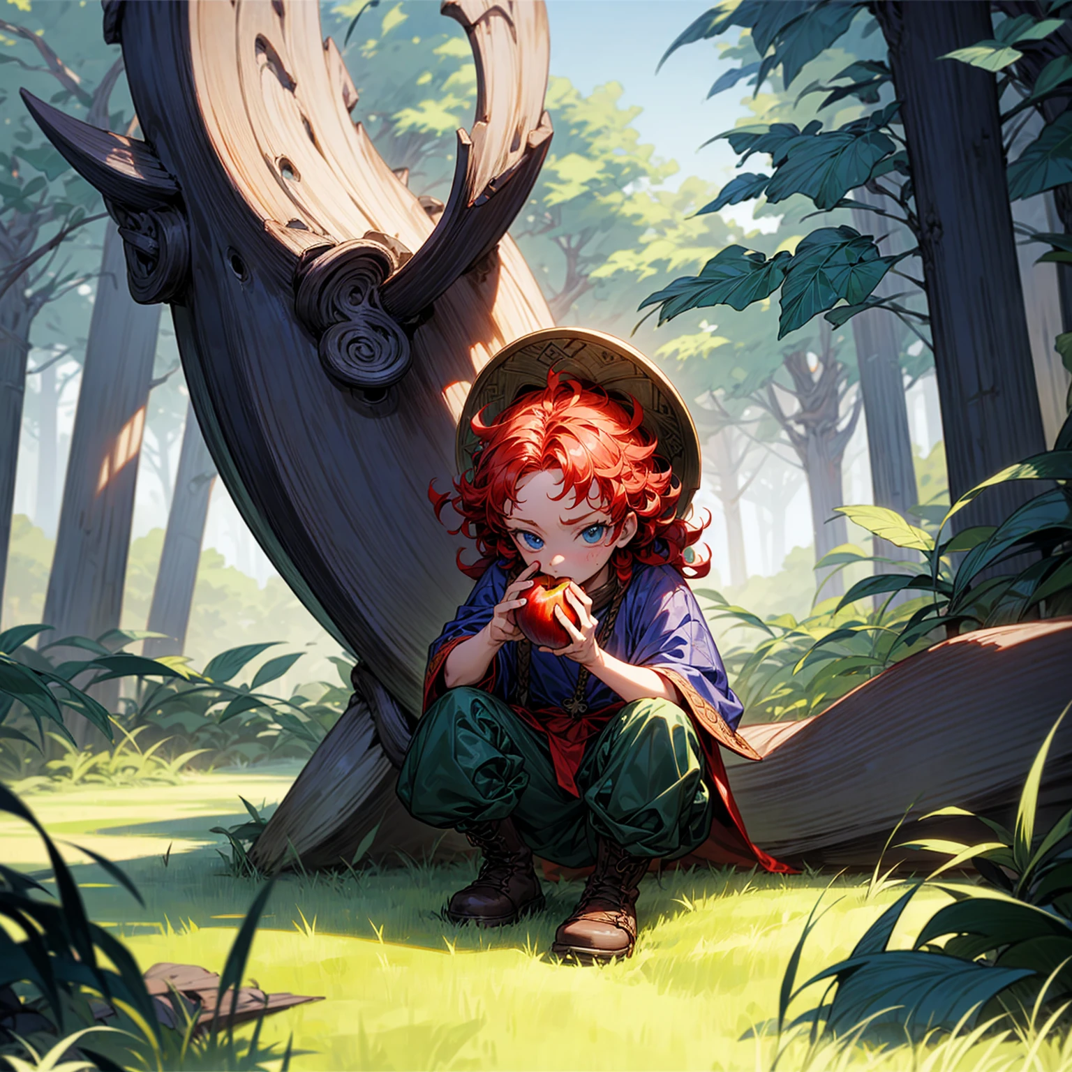 Grassroot, Full body version, solo, , blue eyes, red colour hair, short Curly hairstyle, Vikings style clothing, boots, Vikings helmets, full background in field forest, (one piece style art), eating Apple gesture, his eyes focused on the apple in his hand 