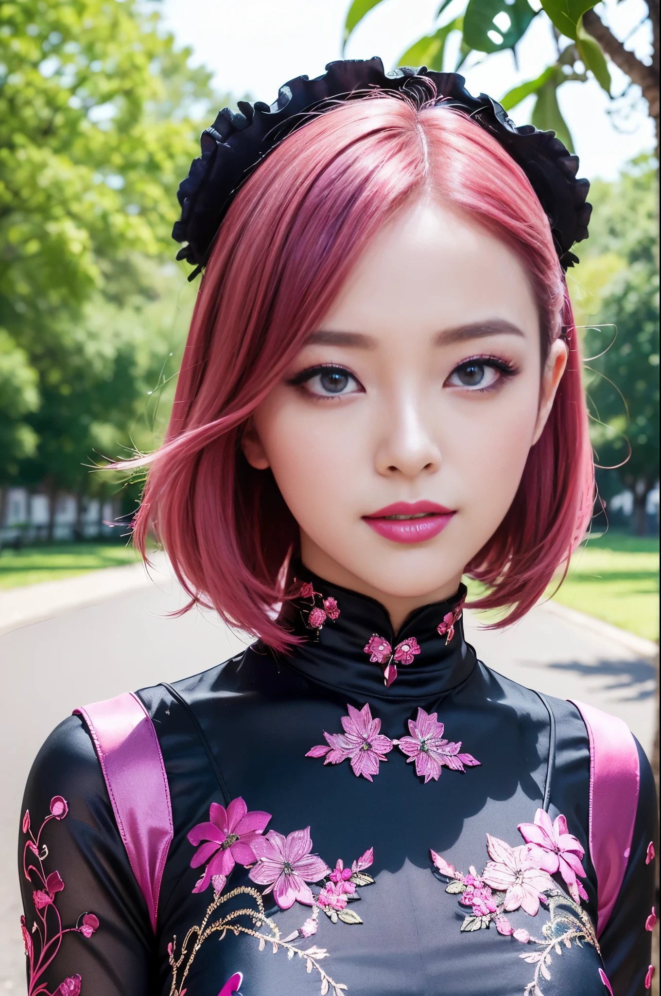 (masterpiece:1.4), (best quality:1.4), ultra high res, ultra high resolution, ((detailed facial features)), HDR, (realistic, photorealistic, photo-realistic:1.37), full body Esbian, sexy Indonesian model, (-anime), only 1 model, vivid colors, ((vivid colors multicolor (fuchsia, pink, light blue, purple) very short hair)), (big smile), lip-gloss, long lashes, ultra detailed metallic makeup, defined eyebrows, wearing a red silk Paradise Kiss cosplay dress with black floral embroidery, ((vivid colors outfit)), vivid colors, look at the camera, cinematic light, large park background with trees, sweet and sexy pose