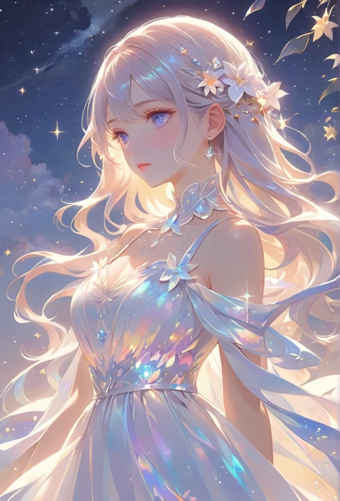 A girl standing alone under the starry night sky, with her silhouette illuminated by the soft moonlight and twinkling stars. Her face is beautifully detailed, with mesmerizing eyes that seem to reflect the universe itself, long and fluttering eyelashes, and exquisitely defined lips. She is dressed in an elegant gown, flowing and ethereal, embracing her figure gracefully as it glimmers with a subtle celestial glow. The intricate details of her dress catch the faint starlight, creating a mesmerizing sparkle. The surrounding landscape showcases a serene garden, lush with vibrant foliage and colorful flowers. The air is filled with a gentle breeze, causing the leaves to rustle and the flowers to sway delicately. The garden is bathed in a warm, dreamy color palette, with hues of deep blues, purples, and hints of silver. The atmosphere is calm and tranquil, evoking a sense of peace and serenity. The artwork is of the highest quality, meticulously created with ultra-detailed brushstrokes and precise attention to every element. The texture and depth of the painting are breathtaking, with a sense of realism and photorealism that captures the awe-inspiring beauty of the night sky. The lighting is soft and diffused, casting a gentle glow over the entire scene, enhancing the magical ambiance. The girl's presence radiates a sense of mystery and wonder, as if she holds a secret connected to the celestial beings above. The overall composition evokes a feeling of timelessness and captures the essence of a StarSign, an artwork that embodies the celestial beauty and inner strength of a girl in harmony with the stars.