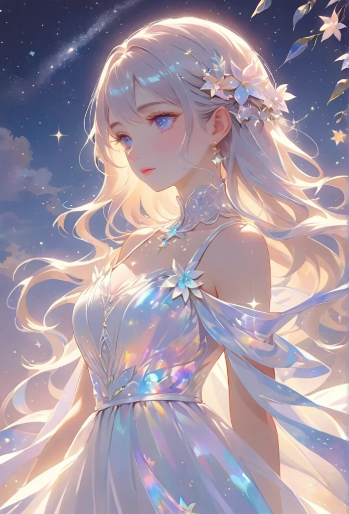 A girl standing alone under the starry night sky, with her silhouette illuminated by the soft moonlight and twinkling stars. Her face is beautifully detailed, with mesmerizing eyes that seem to reflect the universe itself, long and fluttering eyelashes, and exquisitely defined lips. She is dressed in an elegant gown, flowing and ethereal, embracing her figure gracefully as it glimmers with a subtle celestial glow. The intricate details of her dress catch the faint starlight, creating a mesmerizing sparkle. The surrounding landscape showcases a serene garden, lush with vibrant foliage and colorful flowers. The air is filled with a gentle breeze, causing the leaves to rustle and the flowers to sway delicately. The garden is bathed in a warm, dreamy color palette, with hues of deep blues, purples, and hints of silver. The atmosphere is calm and tranquil, evoking a sense of peace and serenity. The artwork is of the highest quality, meticulously created with ultra-detailed brushstrokes and precise attention to every element. The texture and depth of the painting are breathtaking, with a sense of realism and photorealism that captures the awe-inspiring beauty of the night sky. The lighting is soft and diffused, casting a gentle glow over the entire scene, enhancing the magical ambiance. The girl's presence radiates a sense of mystery and wonder, as if she holds a secret connected to the celestial beings above. The overall composition evokes a feeling of timelessness and captures the essence of a StarSign, an artwork that embodies the celestial beauty and inner strength of a girl in harmony with the stars.