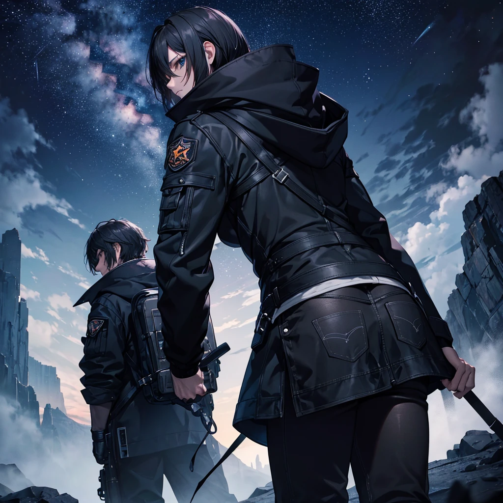 back look leon kennedy black hair outfit gray hood jacket black jean Alone in mountain see star at night posters
