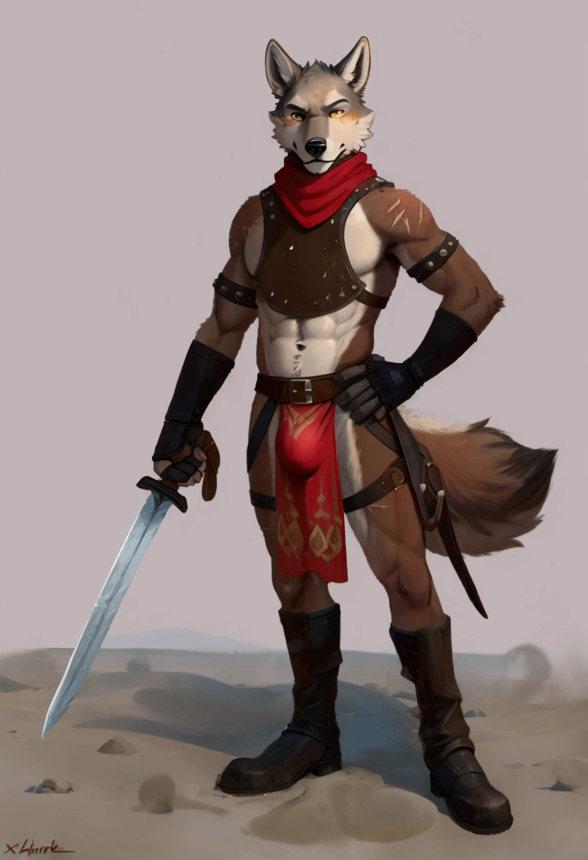 Solo Sexy young anthro furry wolf male mercenary medieval solider, slim slim muscular, anthro handsome gay shorter muzzle, handsome gay model male apperance, sword scars, worn out leather skimpy armament, low on hips heavy leather belt, old very worn out skimpy dirty linen material jockstrap, old yellow dirty worn out stains on white sawn jockstrap, very visible "x" brown seam pattern on the jockstrap, studded skimpy armlets breastplate armor, skimpy breastplate, leather bondages, fingerless leather gloves, smelly unwashed black furr, dirty body look, desert battlefield, standing in sexy fighting position, close view of full character