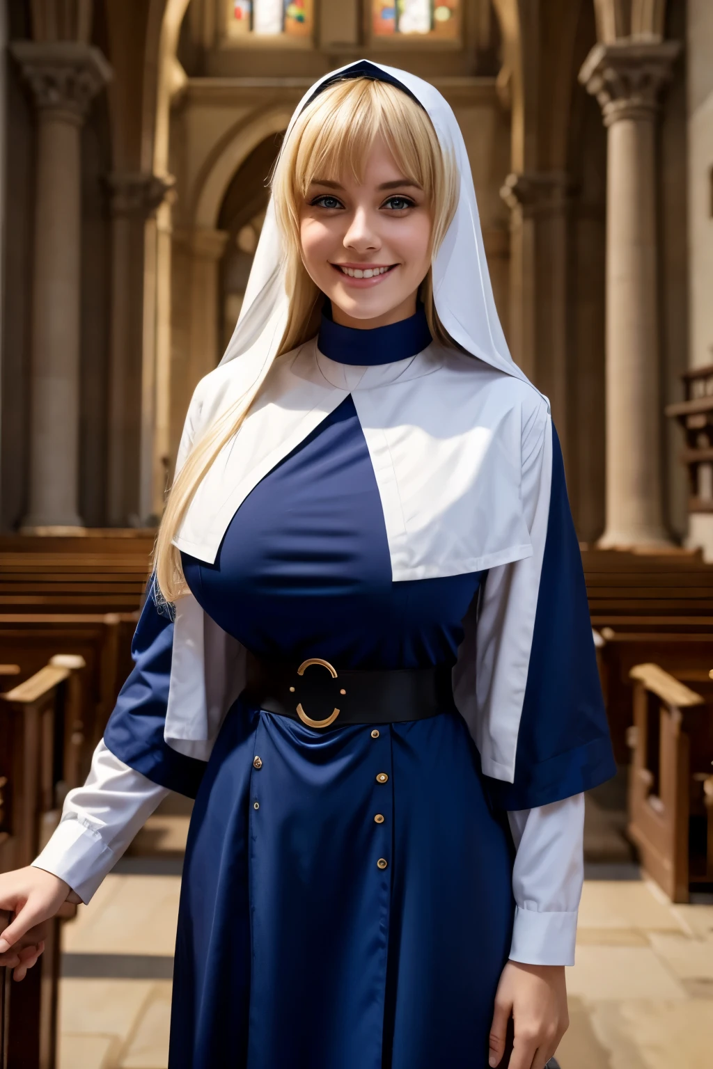 Beautiful Italian woman、Blonde Hair、With bangs、Blue Eyes、Smiling with teeth showing、Huge breasts、Sexy body、Monastic uniform、Nuns、Standing in the church