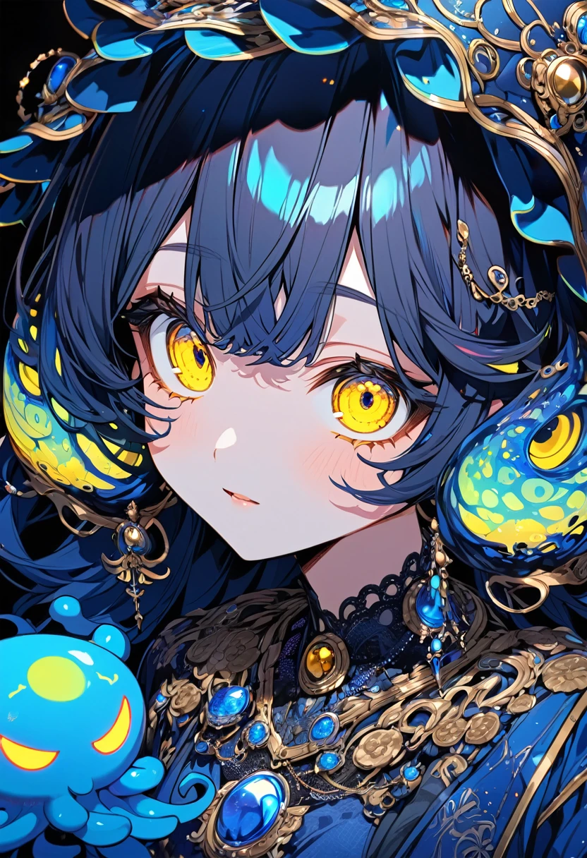 anime girl, dark blue hair, yellow eyes, phosphorescent blue octopus-shaped hat, transparent blue dress, Ultra detailed, detailed eyes, vivid colors, marine colors, beautiful.