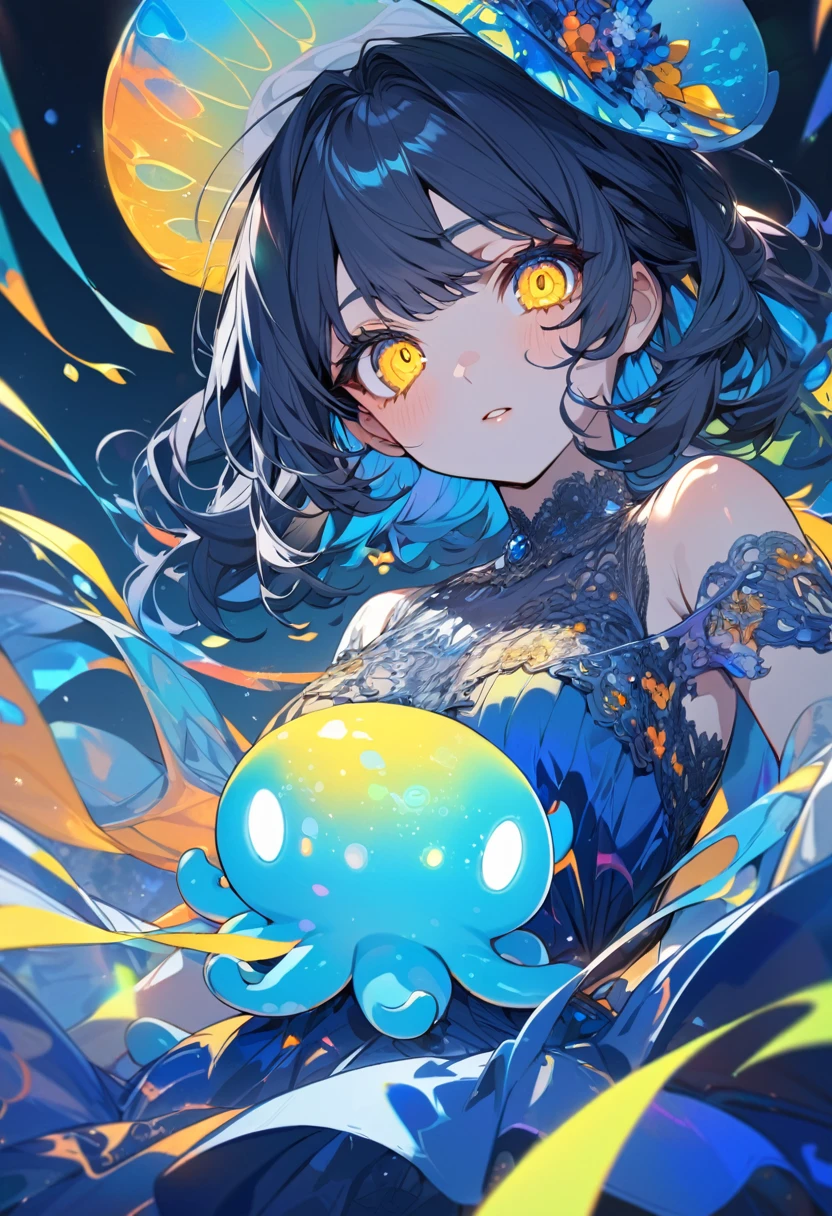 anime girl, dark blue hair, yellow eyes, phosphorescent blue octopus-shaped hat, transparent blue dress, Ultra detailed, detailed eyes, vivid colors, marine colors, beautiful.