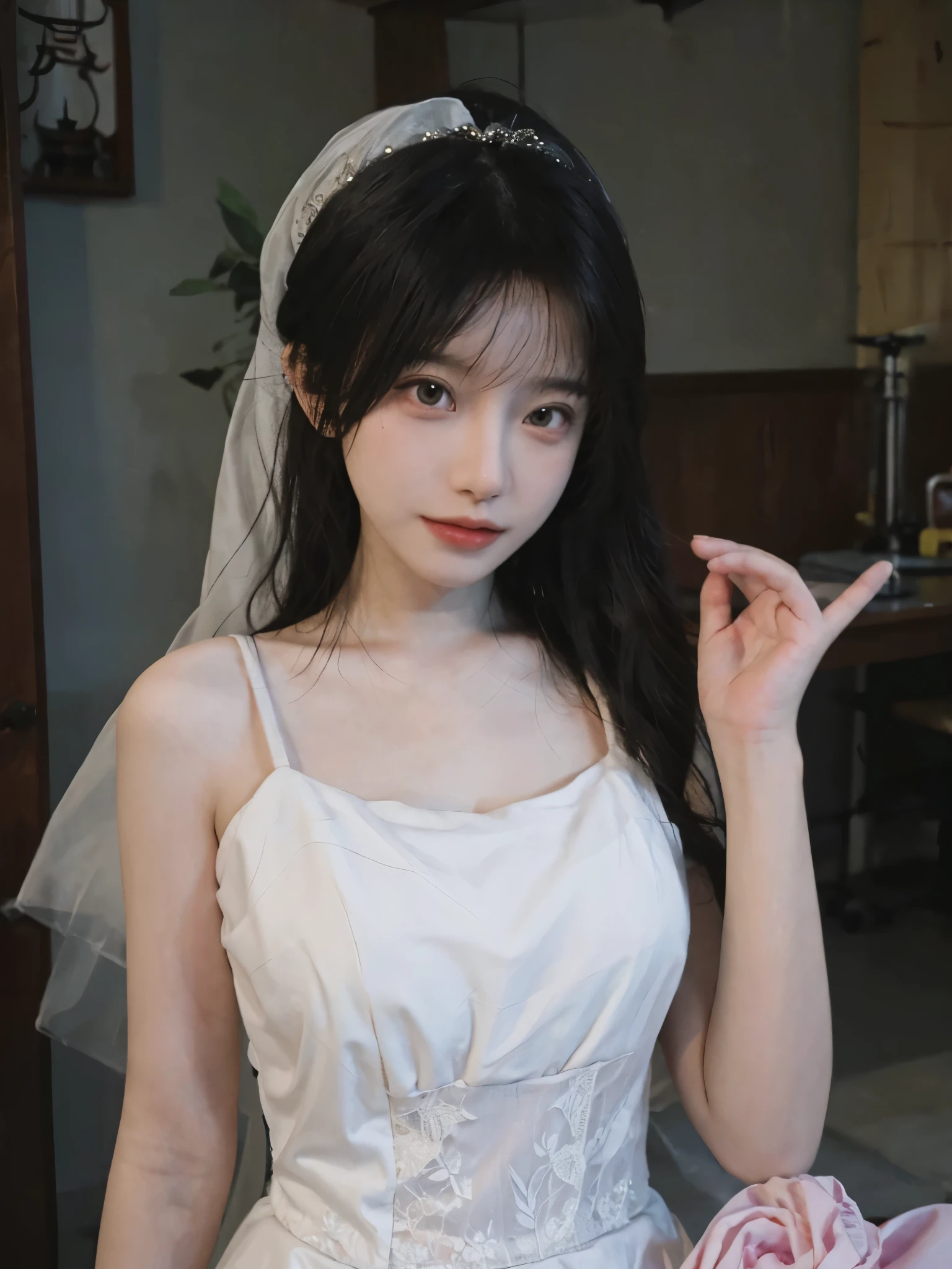 Portrait photography,1 girl,veil,Hollow wedding dress,Floor length wedding dress,Wedding dress background,(whole body:1.4),Exposed breasts,(Big breasts:1.4),(Realistic and detailed eyes,Natural skin texture,Realistic facial details),