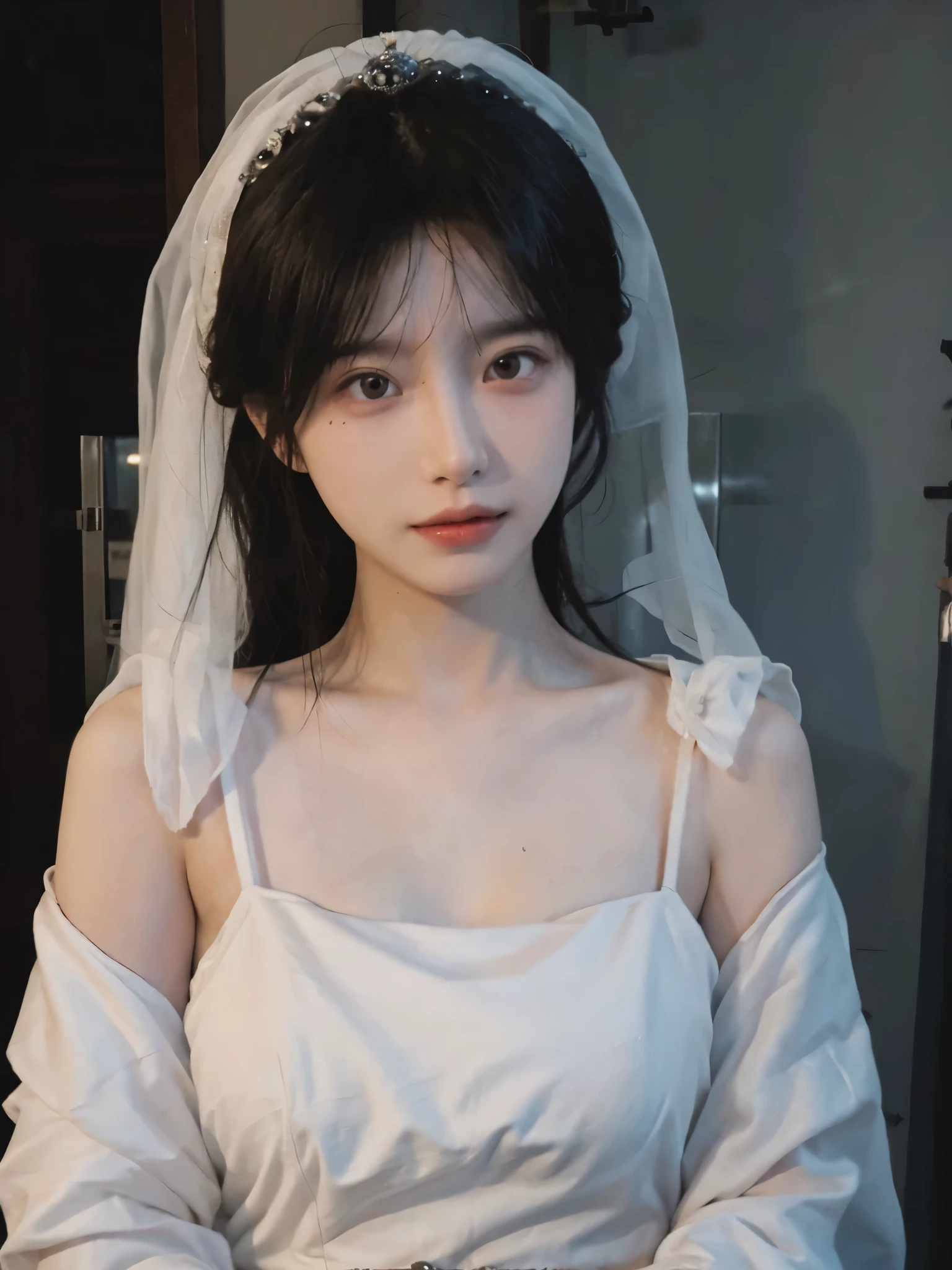 Portrait photography,1 girl,veil,Hollow wedding dress,Floor length wedding dress,Wedding dress background,(whole body:1.4),Exposed breasts,(Big breasts:1.4),(Realistic and detailed eyes,Natural skin texture,Realistic facial details),