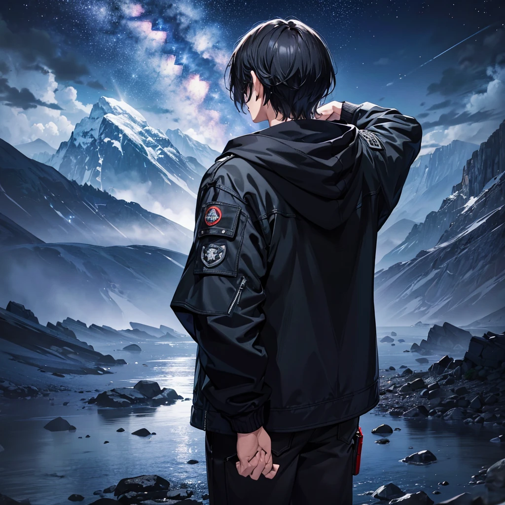 back look leon kennedy black hair outfit gray hood jacket black jean Alone in mountain see star at night posters 