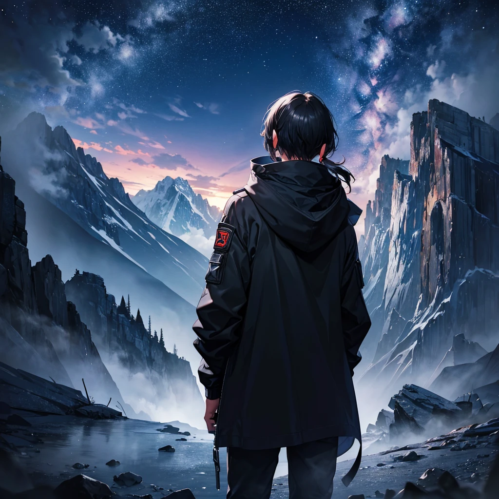 back look leon kennedy black hair outfit gray hood jacket black jean Alone in mountain see star at night posters
