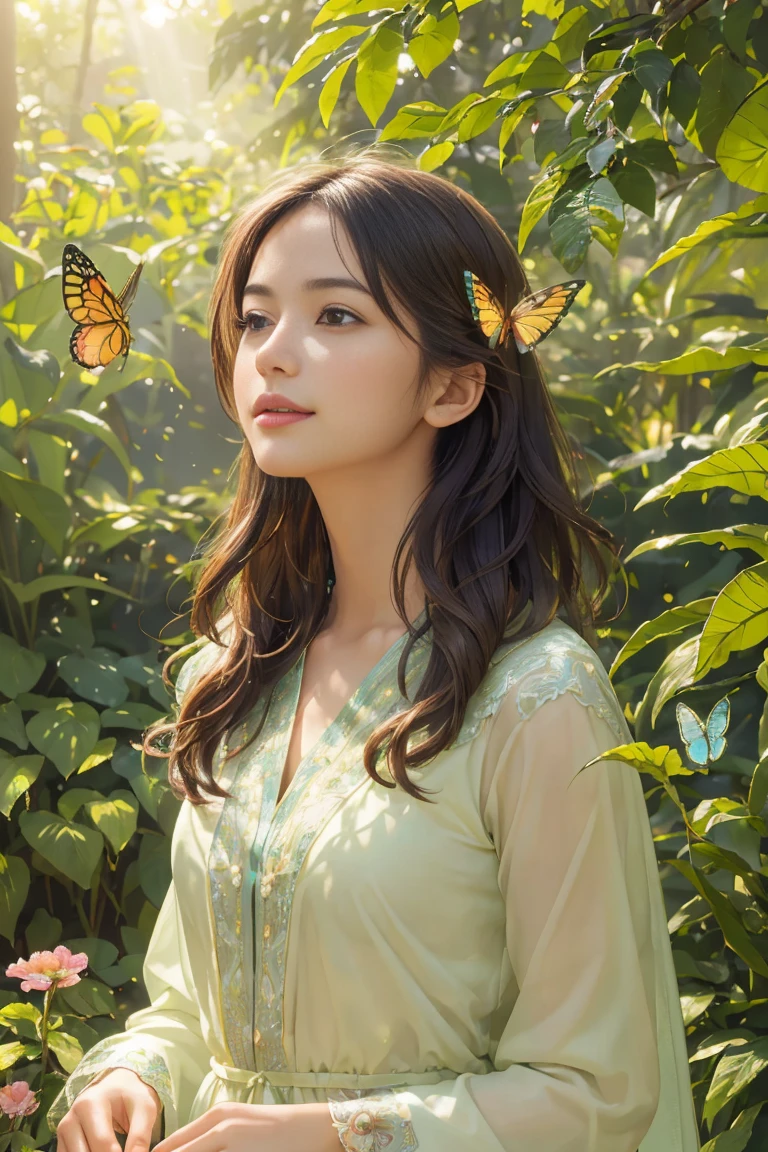 (high quality,Vibrant colors,Realistic),(One girl,Beautiful attention to detail:1.1,Beautiful lip detail:1.1),garden,Bright flowers,Lush greenery,Standing Elegantly,loose fitting dress,Breeze,Captivating smile,Peaceful atmosphere,Light of the sun,beautiful,Harmonious composition,Soft lighting,Majestic Tree々,Birds chirping,Sun rays filtering through the leaves,Colorful butterflies,Dew on the petals,Calm expression,Gentle shadows,Realistic textures,Subtle details,Feminine beauty,Subtle makeup,Natural light,Quiet environment,Blissful,Beautiful views,Tranquility,relax, A vibrant and harmonious color palette.