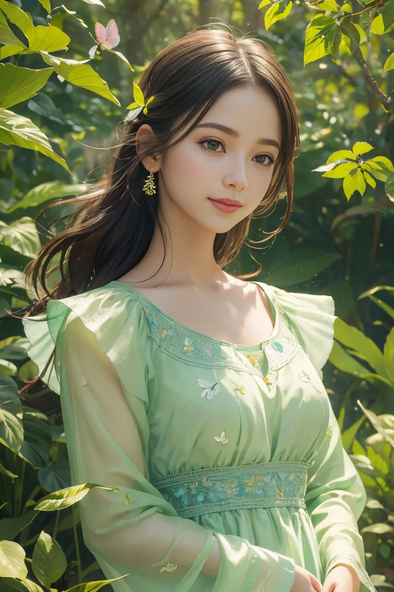 (In the picture frame:1.5), (Reading a book: 1.5), (Realistic book shape: 1.5), natural book form, one book, The model wears an elaborate headpiece made of leaves, flowers, and vines that frame her face as they cascade down. Her makeup is done in tones of green and gold with a nature theme. She is reading a book with a Mona Lisa-like smile. The overall color palette is a bright spring green, accented with warm sunny effects, (raw photo, best quality), (realistic, photo-realistic:1.3), clean, masterpiece, finely detailed, masterpiece, ultra-detailed, highres, (best illustration), (best shadow), intricate, bright light