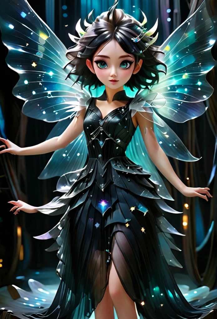 On a top a long pipe is a cute fairy with spikes gel set hair and black eywswith Galaxy stars inside her eyes. V- neck@mini flared pleated dress. Futuristic Background lights under her translucent ethereal wings