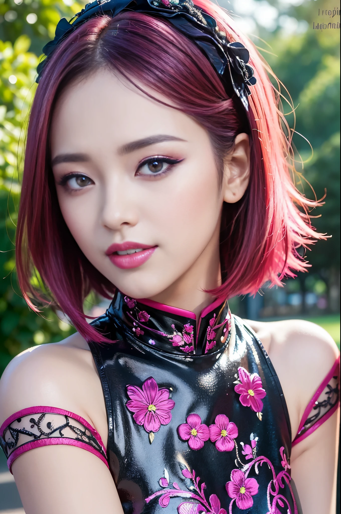 (masterpiece:1.4), (best quality:1.4), ultra high res, ultra high resolution, ((detailed facial features)), HDR, (realistic, photorealistic, photo-realistic:1.37), full body Esbian, sexy Japanese model, (-anime), only 1 model, vivid colors, ((vivid colors multicolor (fuchsia, pink, light blue, purple) very short hair)), ((smiling face)), lip-gloss, long lashes, beautiful makeup, defined eyebrows, wearing a red silk Paradise Kiss cosplay dress with black floral embroidery, ((vivid colors outfit)), vivid colors, look at the camera, cinematic light, large park background with trees, sweet and sexy pose