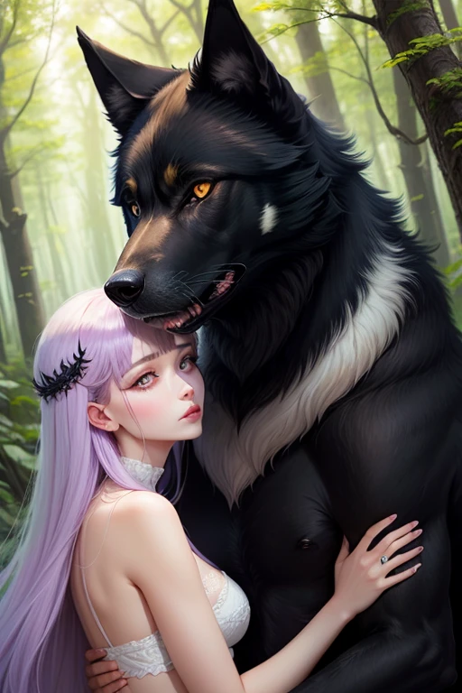 A giant black wolf with yellow eyes along with a black-haired woman, pale white skin color and lilac eyes, May the place where they are be a forest at night