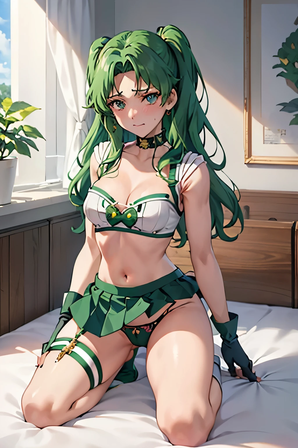 (Highest quality:1.1), (masterpiece:1.4), (Absurd:1.0), 
One Girl, Sailor Neptune、Green Hair、navel, cleavage,midriff,collar, crop top, torn clothes、 spiked collar,  Medium chest、Looking at the audience、Bedroom、(blush:1.2)、Embarrassed expression、(((Sexy Panties)))、(Showing pantieini skirt))、((Thigh-high socks))、((Long gloves))、((Underhoulder-length gloves)、Kneeling