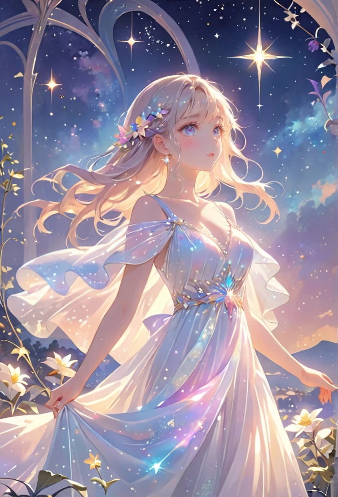 A girl standing alone under the starry night sky, with her silhouette illuminated by the soft moonlight and twinkling stars. Her face is beautifully detailed, with mesmerizing eyes that seem to reflect the universe itself, long and fluttering eyelashes, and exquisitely defined lips. She is dressed in an elegant gown, flowing and ethereal, embracing her figure gracefully as it glimmers with a subtle celestial glow. The intricate details of her dress catch the faint starlight, creating a mesmerizing sparkle. The surrounding landscape showcases a serene garden, lush with vibrant foliage and colorful flowers. The air is filled with a gentle breeze, causing the leaves to rustle and the flowers to sway delicately. The garden is bathed in a warm, dreamy color palette, with hues of deep blues, purples, and hints of silver. The atmosphere is calm and tranquil, evoking a sense of peace and serenity. The artwork is of the highest quality, meticulously created with ultra-detailed brushstrokes and precise attention to every element. The texture and depth of the painting are breathtaking, with a sense of realism and photorealism that captures the awe-inspiring beauty of the night sky. The lighting is soft and diffused, casting a gentle glow over the entire scene, enhancing the magical ambiance. The girl's presence radiates a sense of mystery and wonder, as if she holds a secret connected to the celestial beings above. The overall composition evokes a feeling of timelessness and captures the essence of a StarSign, an artwork that embodies the celestial beauty and inner strength of a girl in harmony with the stars.