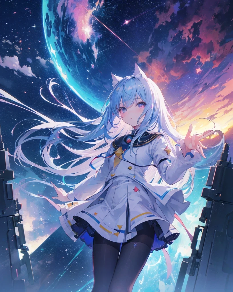 anime nekogirl looking at a shooting star above the clouds, highly detailed raw color photo, dynamic pose, (cosmic: 1.4), (necropolis: 1.1), (science fiction setting), chromatic aberration, depth of field, soft lighting, masterpiece, best quality, intricate, (lens reflection: 0.7), (flowering: 0.7), particle effects, ray tracing