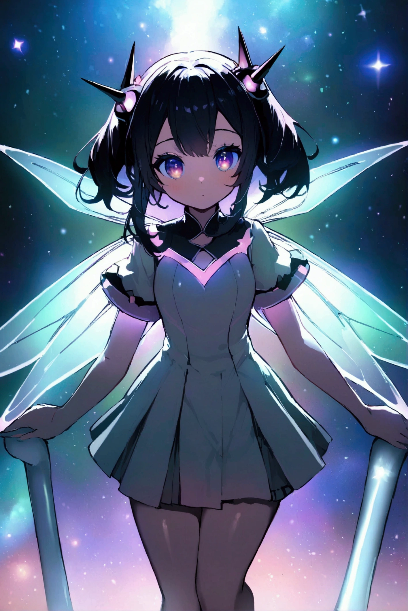 On a top a long pipe is a cute fairy with spikes gel set hair and black eywswith Galaxy stars inside her eyes. V- neck@mini flared pleated dress. Futuristic Background lights under her translucent ethereal wings
